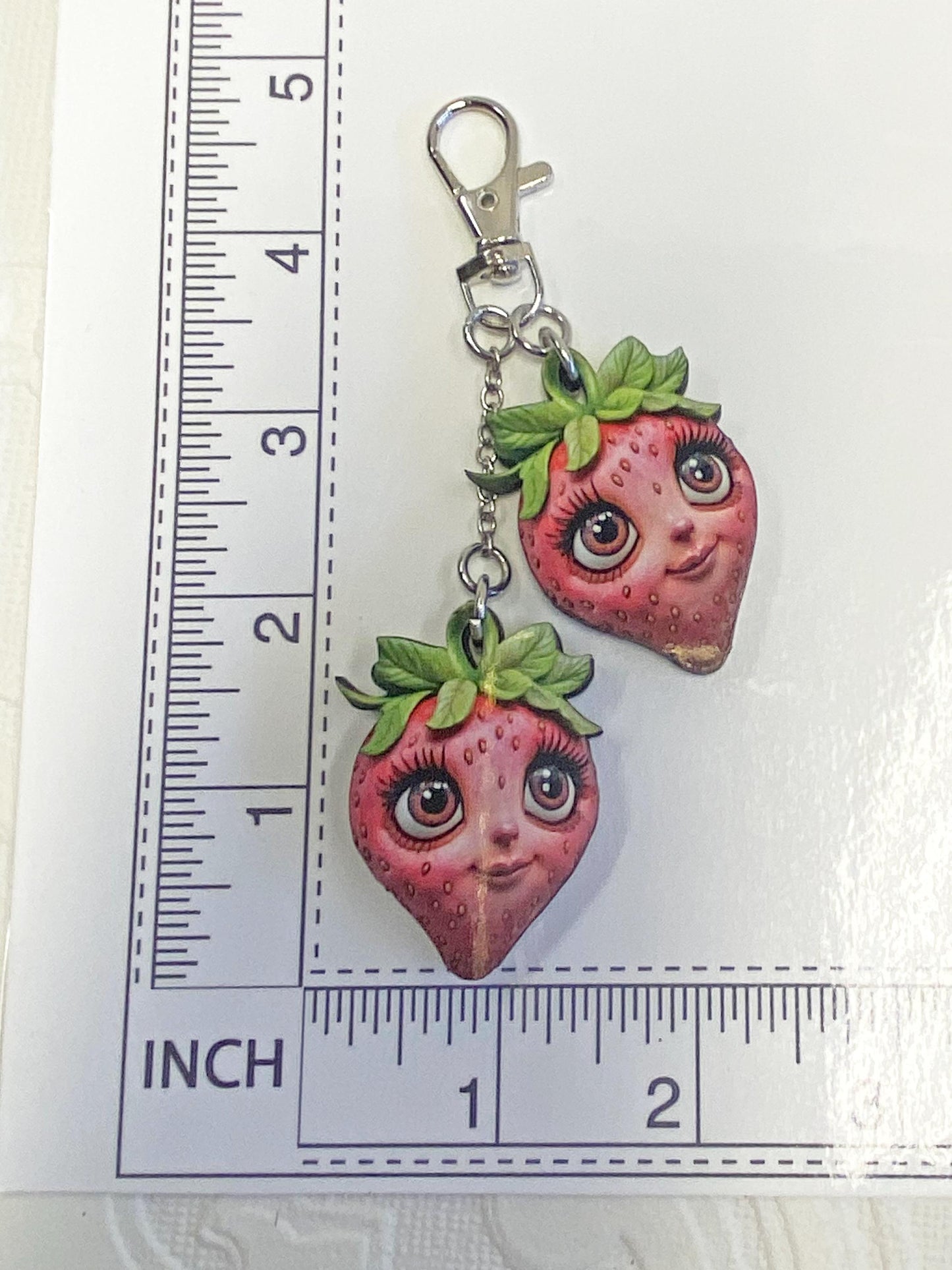 Whimsical Strawberry Faces Keychain or Purse / Backpack FOB ~ Double Strawberries with Images on all Sides / Unique to our Shop!