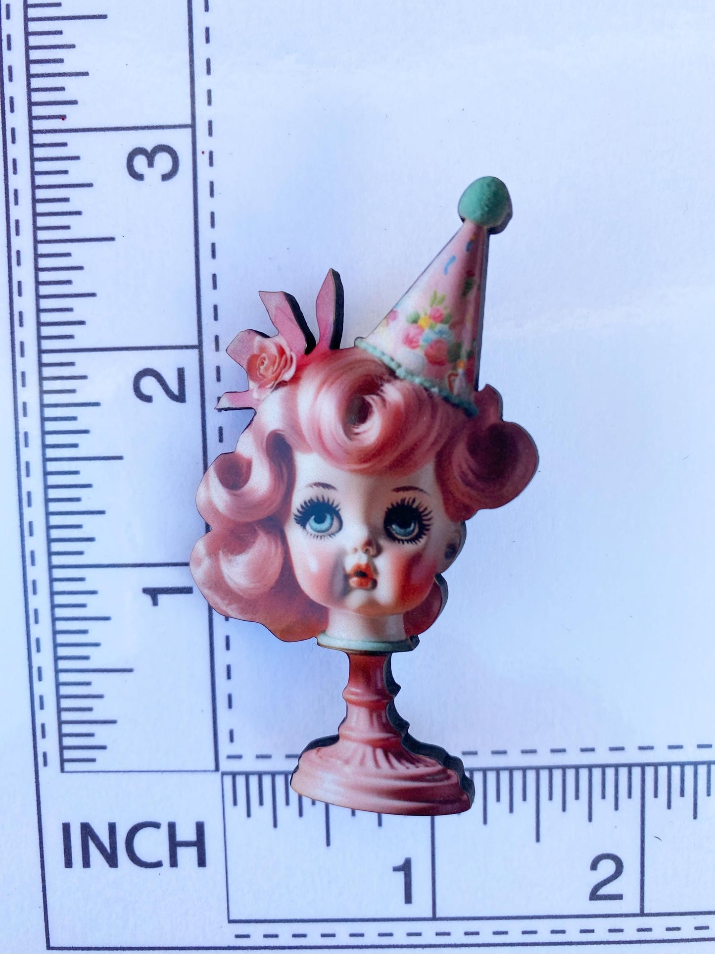 Quirky Doll Head Birthday Girl Brooch - For the Birthday Girl! Laser Cut Wood with Sublimated Design on top for Durability.