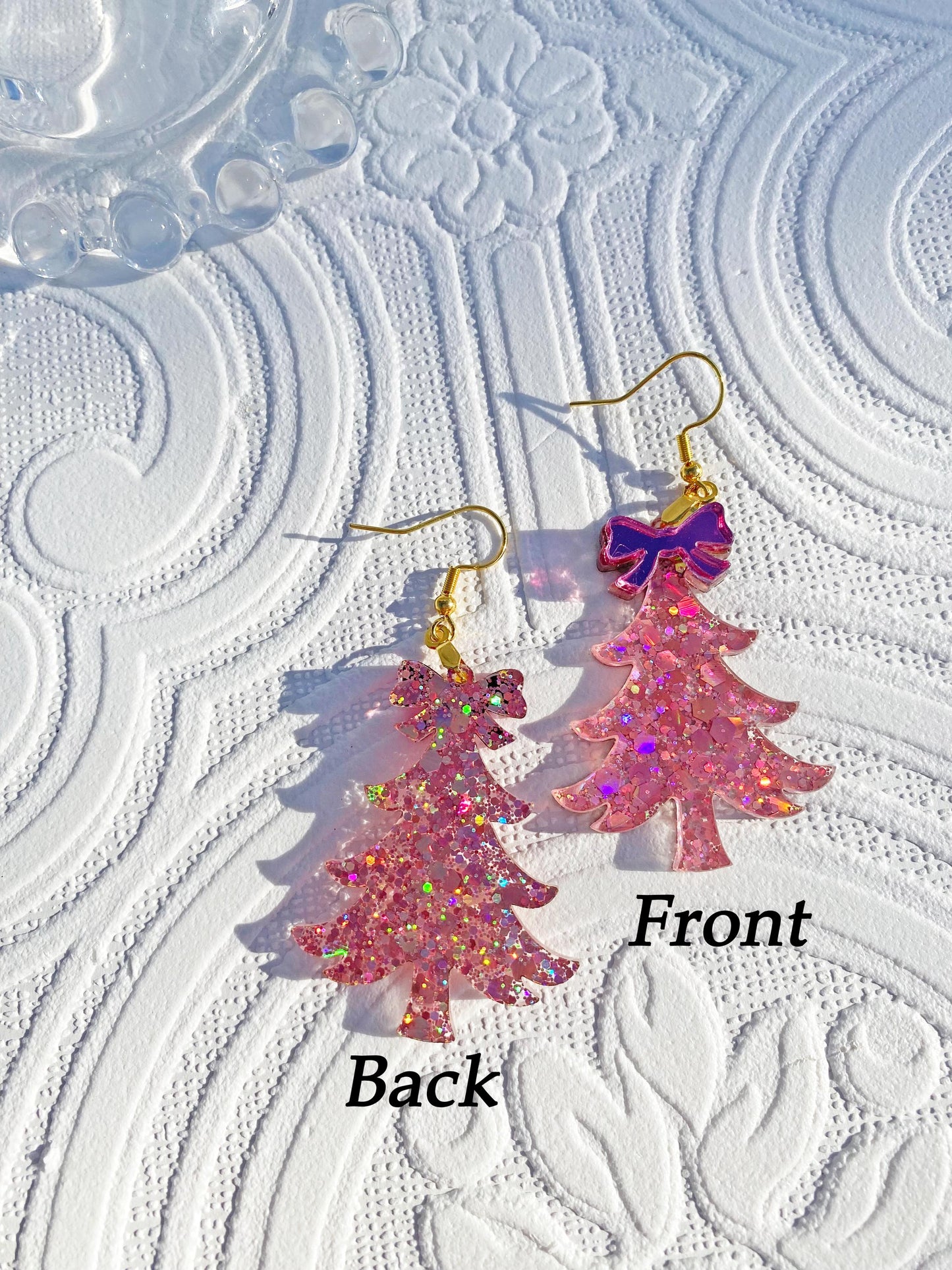 Pink Christmas Tree Glitter Earrings ~ Super Glitzy Handcrafted Tree Earrings with Silver Bows, Ear Wire or Clip-on Available.