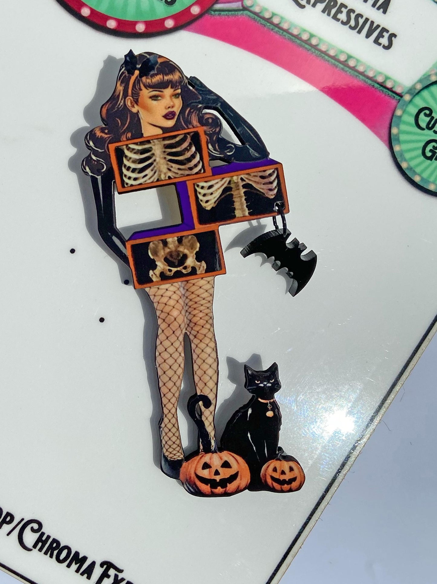 Your choice, Ghoul Brooch of Magic Trick, where you get cut and separated, x-ray Art, Oddity Fun, Spooky Season Jewelry, Laser Cut Wood
