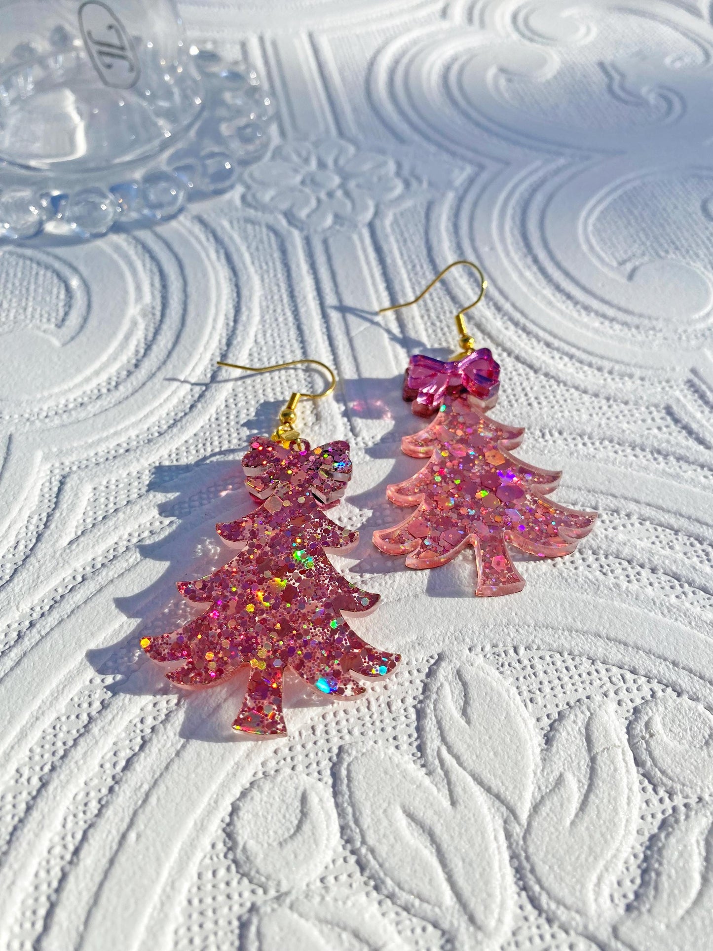 Pink Christmas Tree Glitter Earrings ~ Super Glitzy Handcrafted Tree Earrings with Silver Bows, Ear Wire or Clip-on Available.