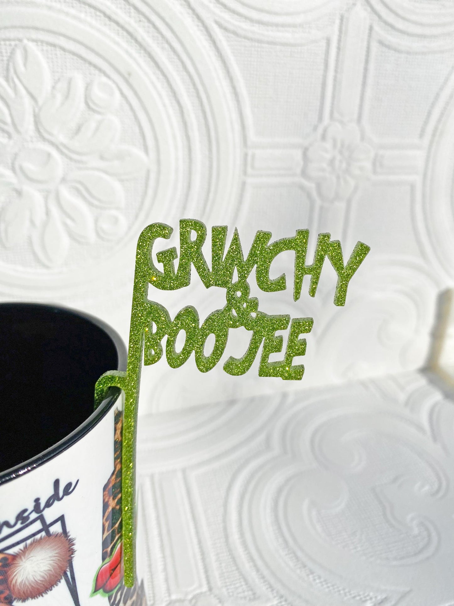 Grinch Coffee Mug ~ Grinchy and Boojee ~ Unique Design, Includes Mug Sitter, Gift Idea for Friend