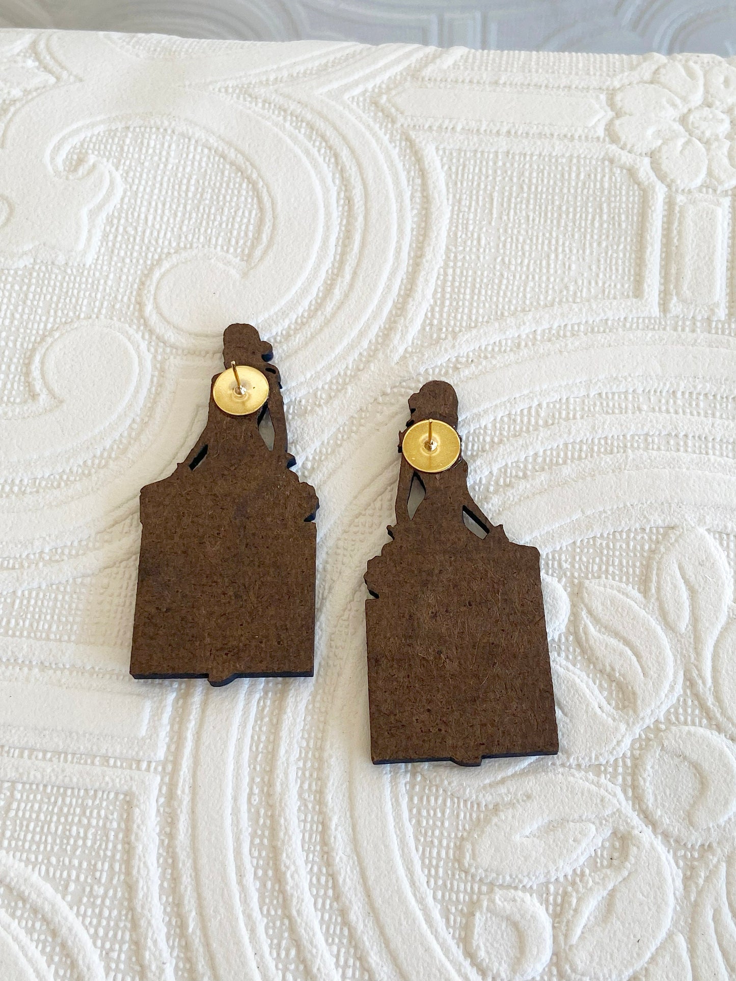 Mosaic Ladies Earrings ~ Stud Posts, Handcrafted ~ Unique Wearable Art ~ Laser Cut Wood, Sublimated Illustration, Great Gift Idea