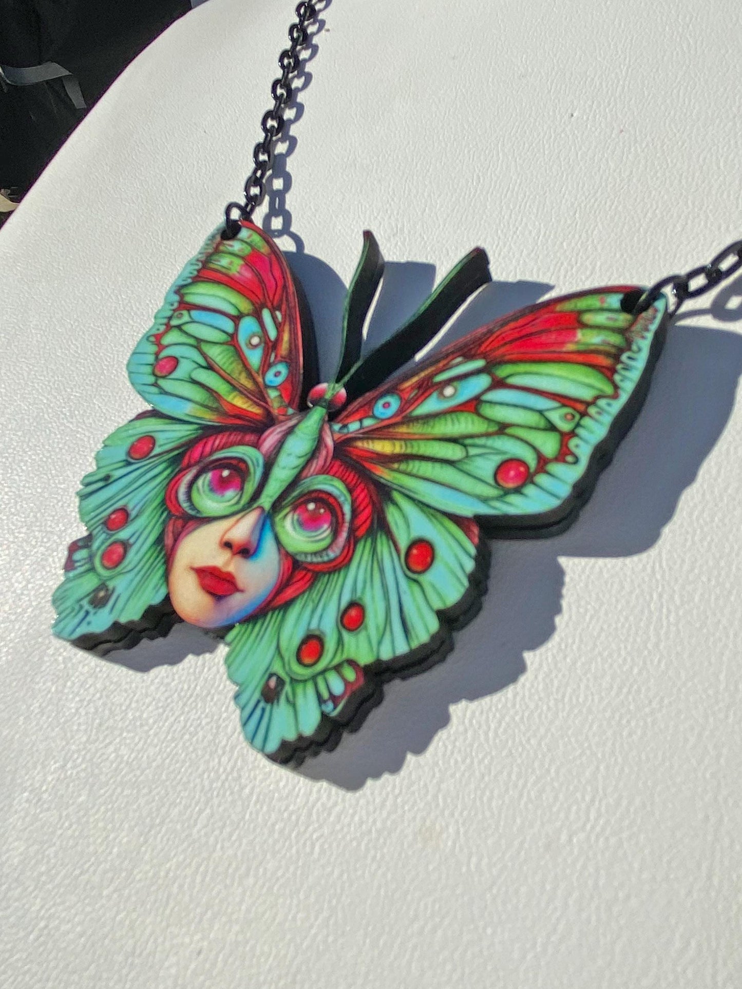 Butterfly Necklace, Oddity Design, Beautiful and Strange ~ Laser Cut Wood and Acrylic, Sublimated Image