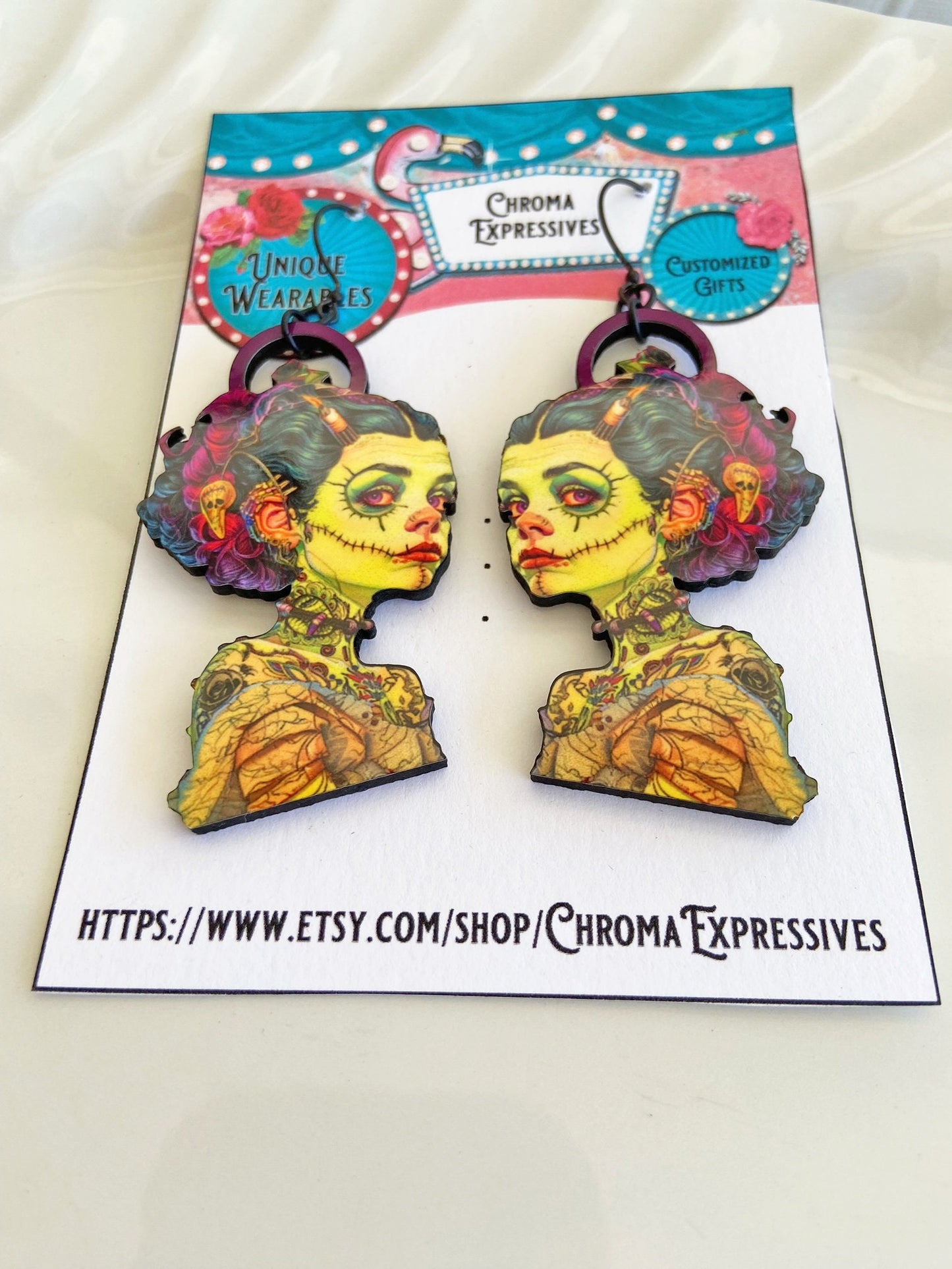 Apocalypse Survivor Girl Handcrafted Earrings, Illustration Jewelry, Oddity Earrings, Zombie Girl, Laser Cut and Sublimated Image