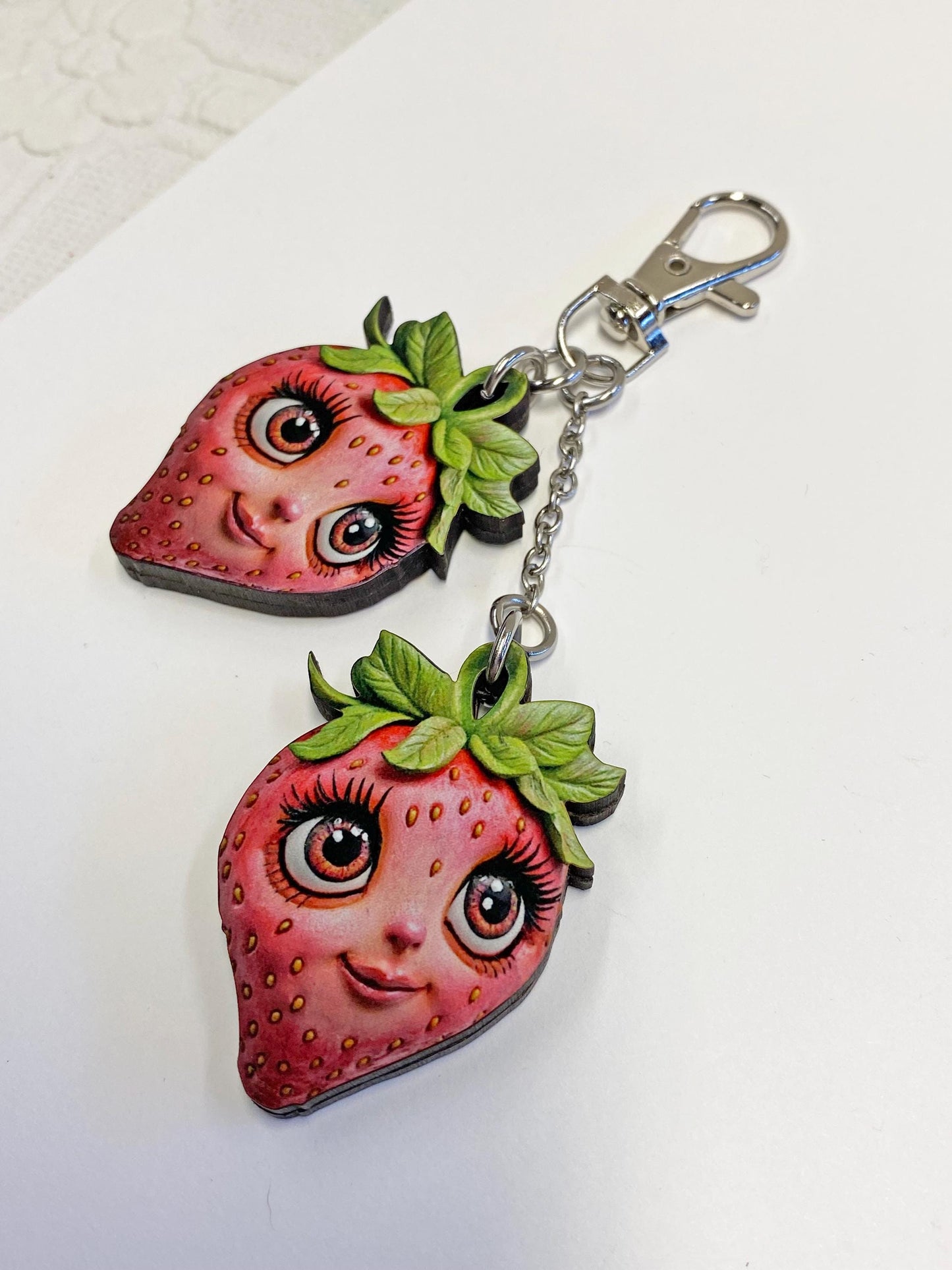 Whimsical Strawberry Faces Keychain or Purse / Backpack FOB ~ Double Strawberries with Images on all Sides / Unique to our Shop!