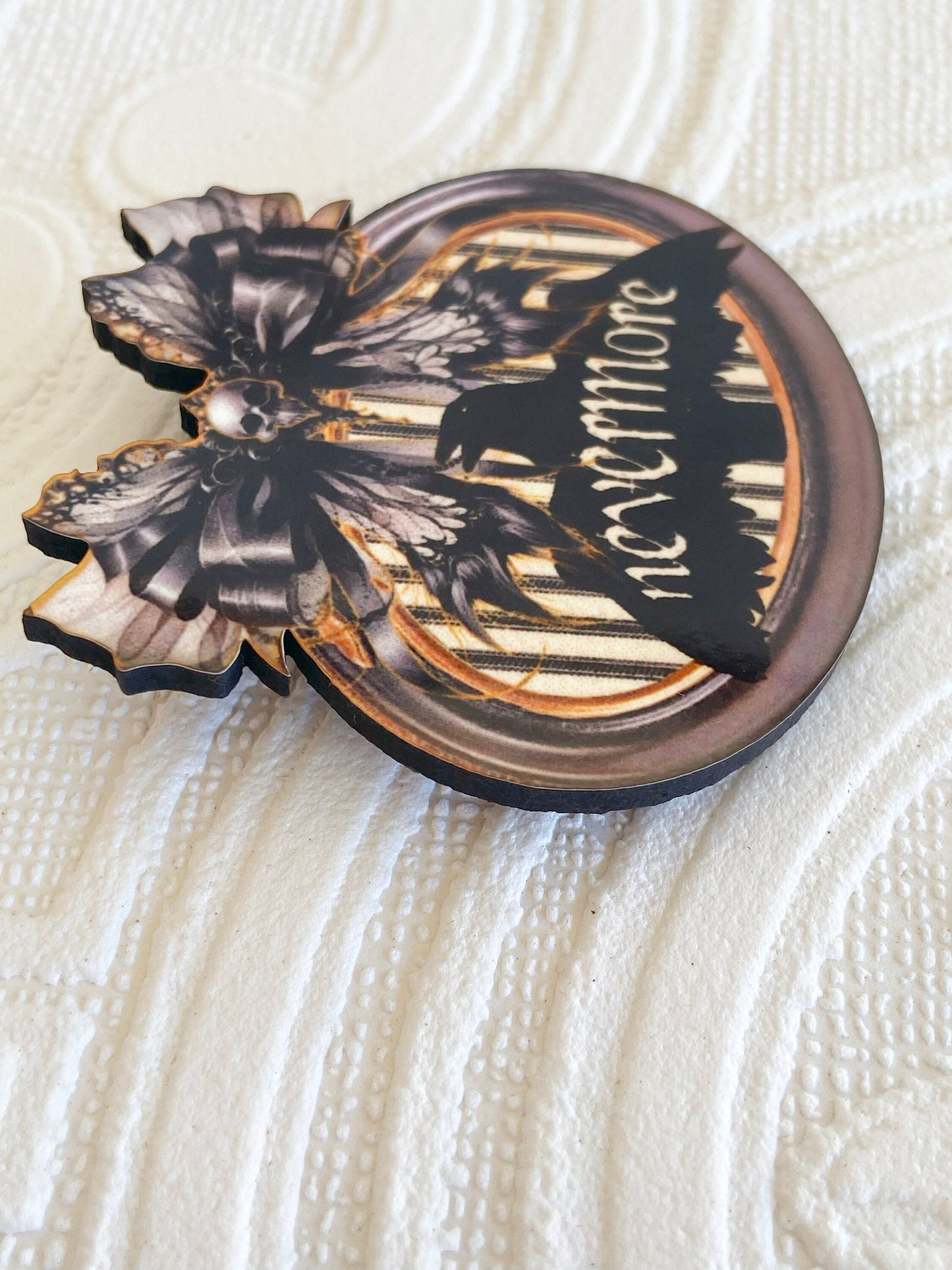 Nevermore Pin / Brooch, The Raven, Poe, Unique Design, Laser Cut wood, Sublimated Illustration, Goth Gift