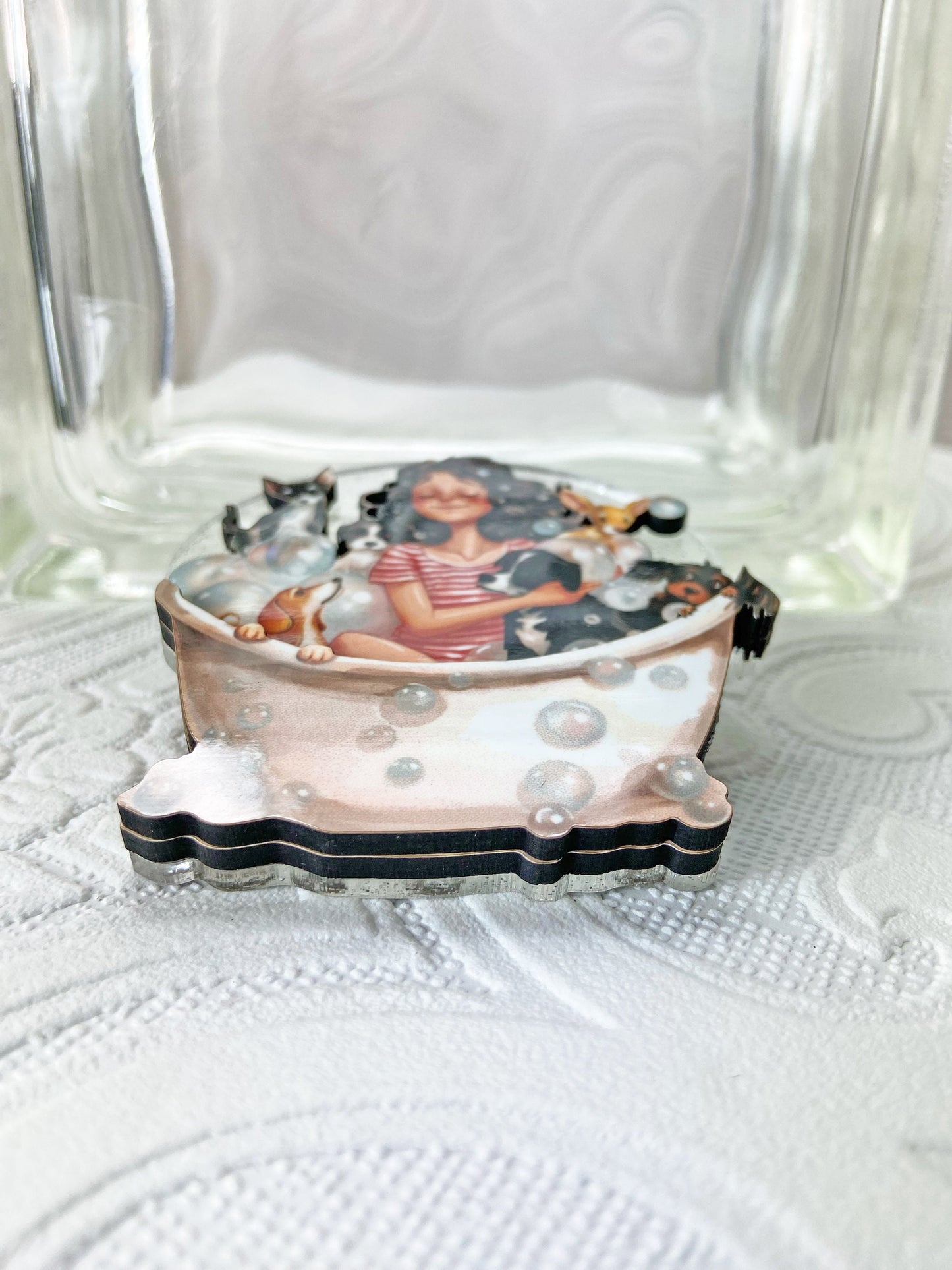 Adorable Handcrafted Dog Wash Brooch ~ Illustration of Happy Dogs getting Cleaned Up ~ Laser Cut Wood and Acrylic ~ Unique Gift Idea