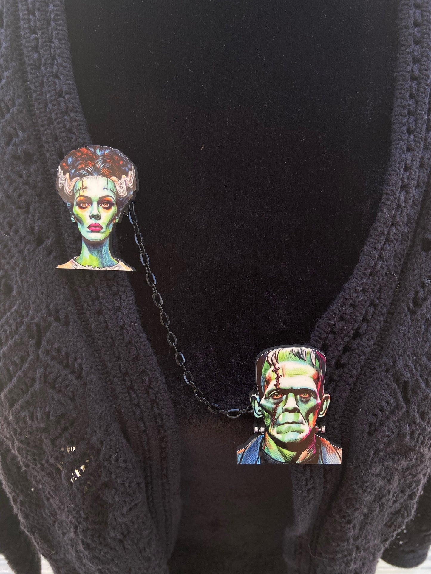 Frankenstein & His Bride Collar / Sweater Clips or Earrings ~ Spooky Wearable Art ~ Laser Cut Wood, Sublimated Illustration