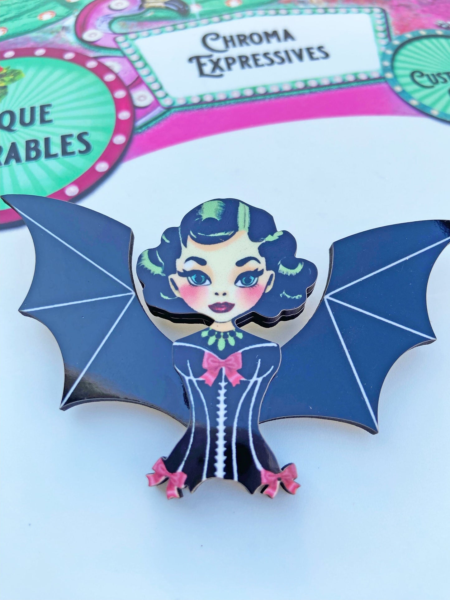 Female Bat Oddity Brooch or Necklace, Corset Wearing Bat, Spooky Season Jewelry, Whimsical and Fun, Illustration Art, Wearable Art