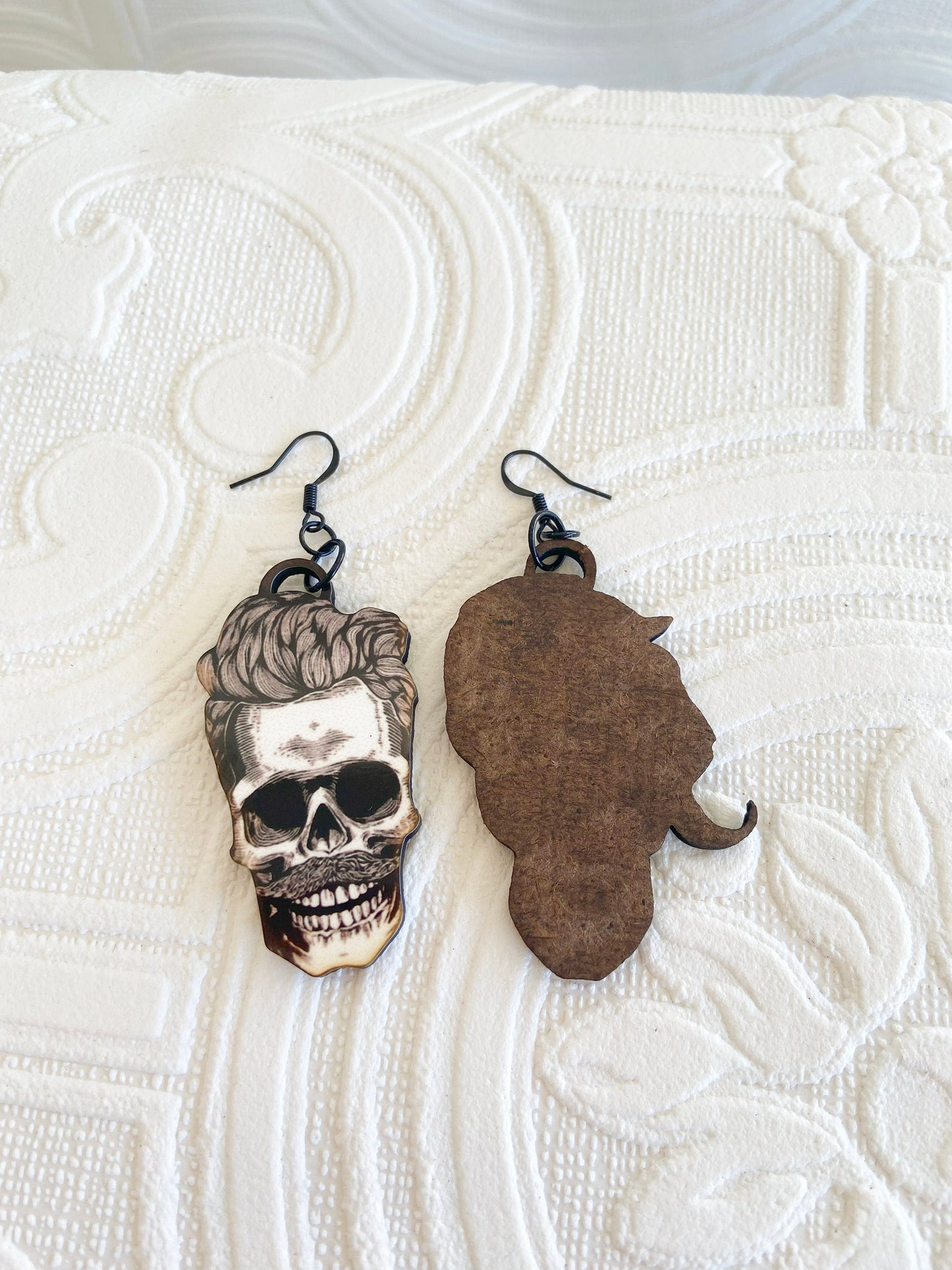 Cool Skeleton Face Couple Earrings ~ Handcrafted ~ Laser Cut Wood & Sublimated Illustration ~ Oddity, Whimsical, Spooky and Fun