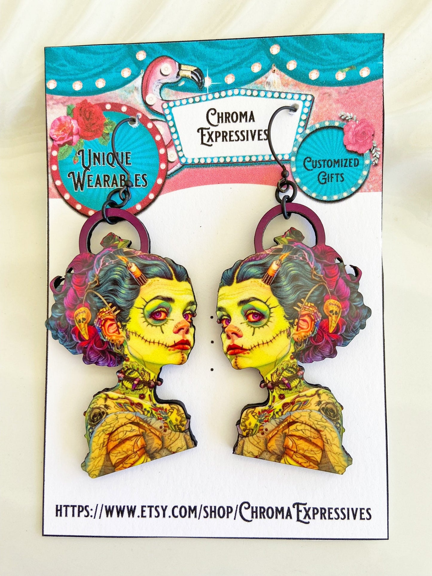 Apocalypse Survivor Girl Handcrafted Earrings, Illustration Jewelry, Oddity Earrings, Zombie Girl, Laser Cut and Sublimated Image