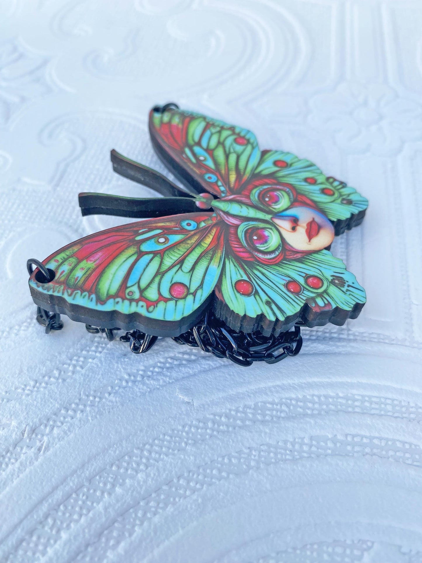 Butterfly Necklace, Oddity Design, Beautiful and Strange ~ Laser Cut Wood and Acrylic, Sublimated Image