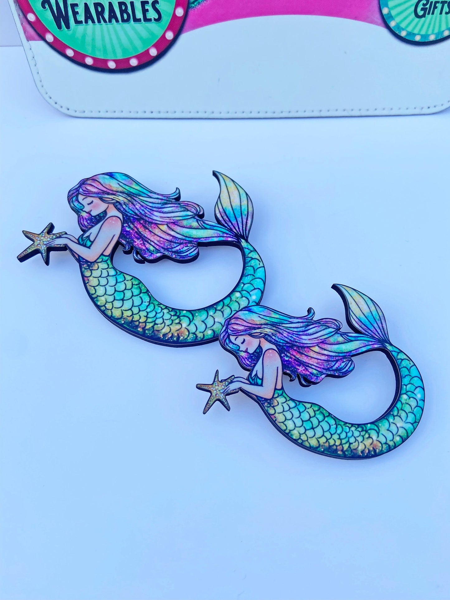 Whimsical Mermaid Brooch / Pin, Handcrafted Laser Cut Wood, Beautiful Vibrant Colors, 2 Sizes to Chose From, Great Gift Idea