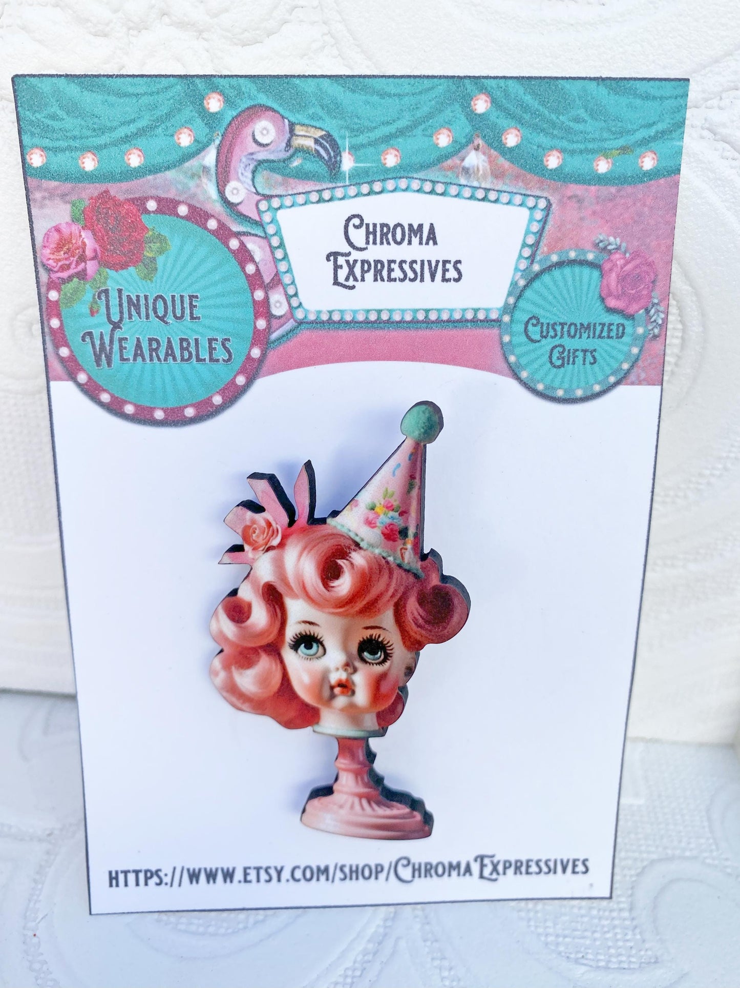 Quirky Doll Head Birthday Girl Brooch - For the Birthday Girl! Laser Cut Wood with Sublimated Design on top for Durability.