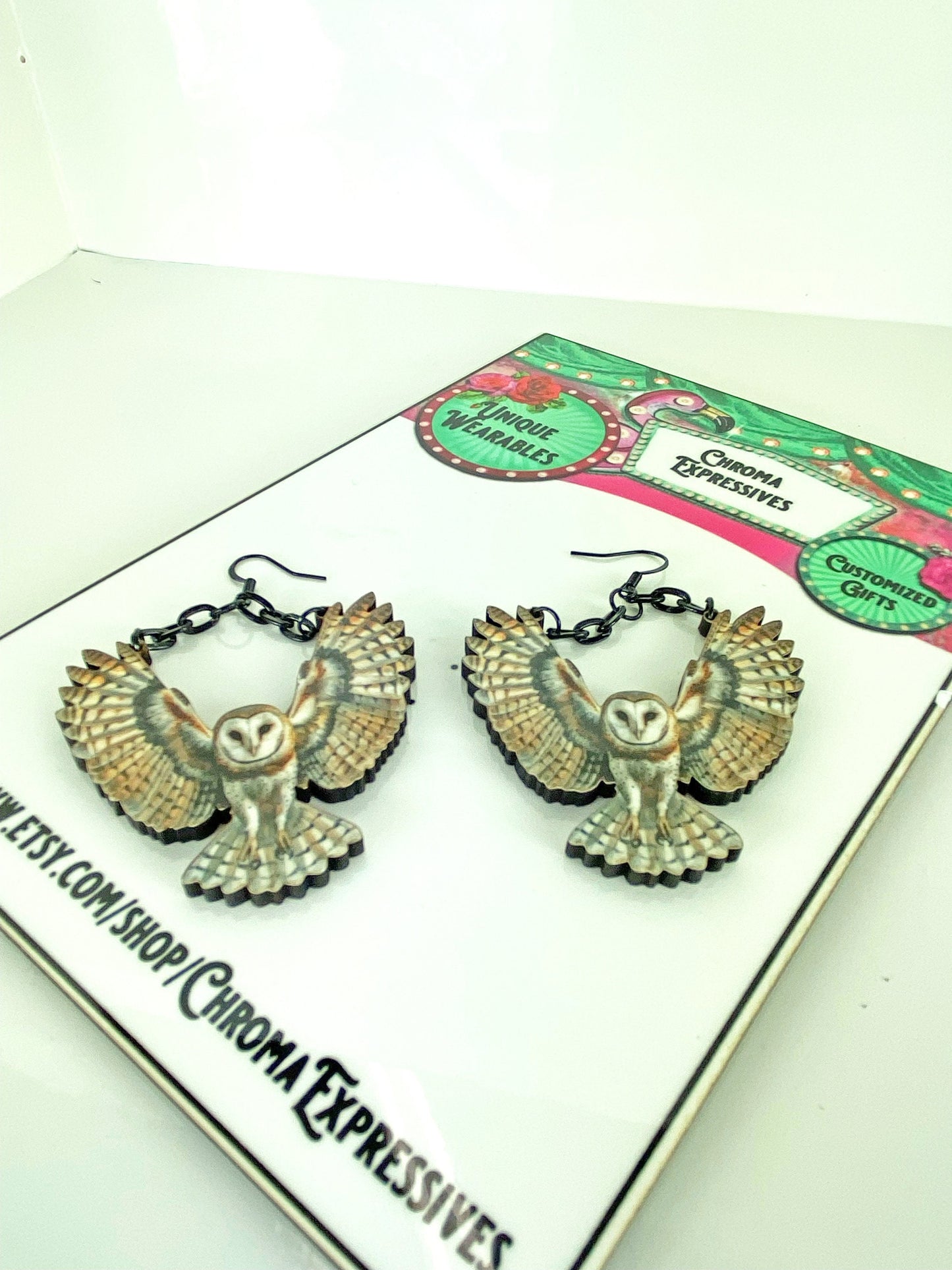 Barn Owl Earrings, Nature Jewelry, Wearable Art, Woodland Creatures, Laser Cut Wood, Sublimated Illustration, Nature Gift Idea