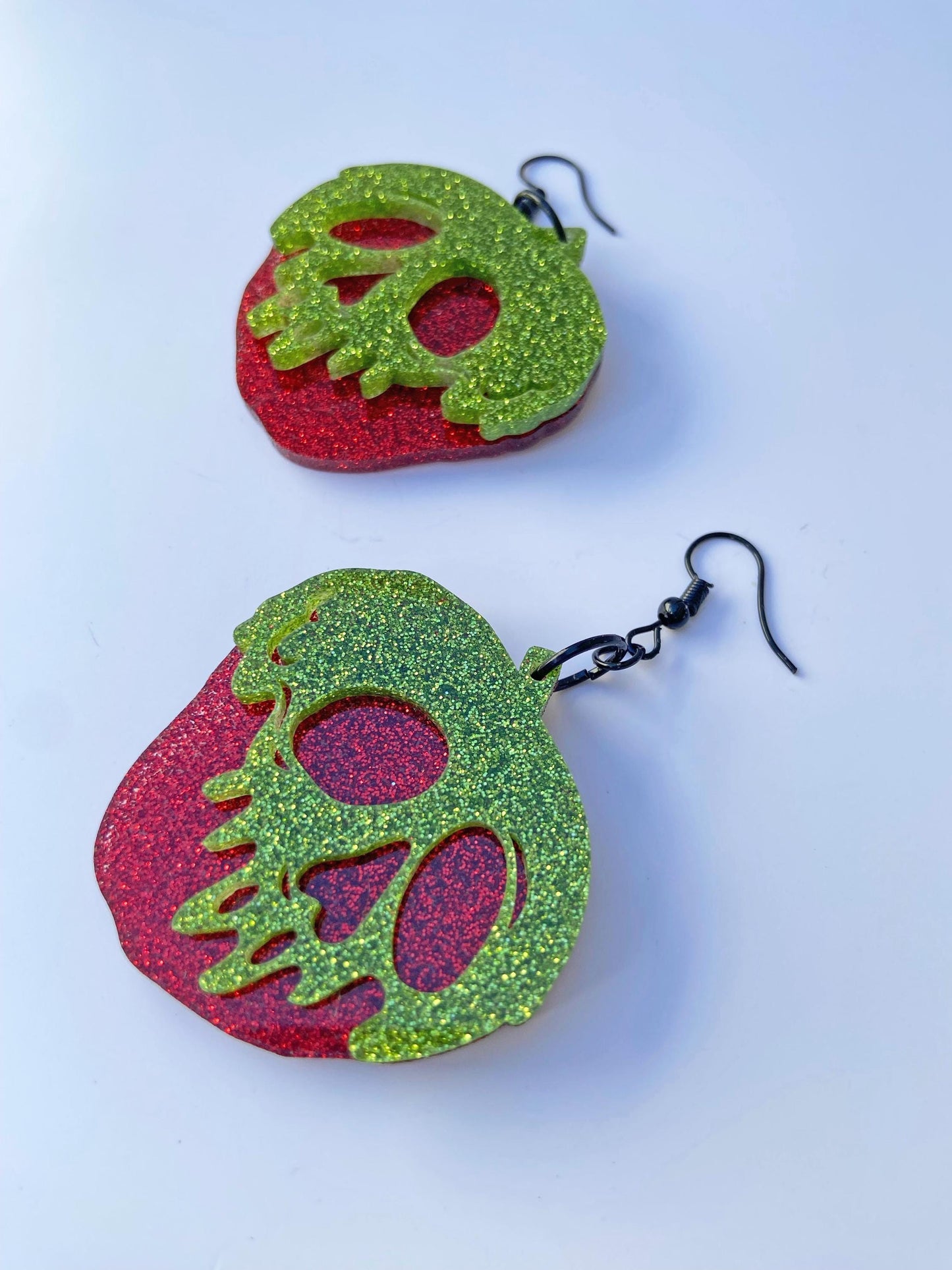Poison Candy Apple Earrings ~ Halloween Jewelry ~ Spooky Season Skeleton Earrings ~ Laser Cut Red and Green Glitter Acrylic