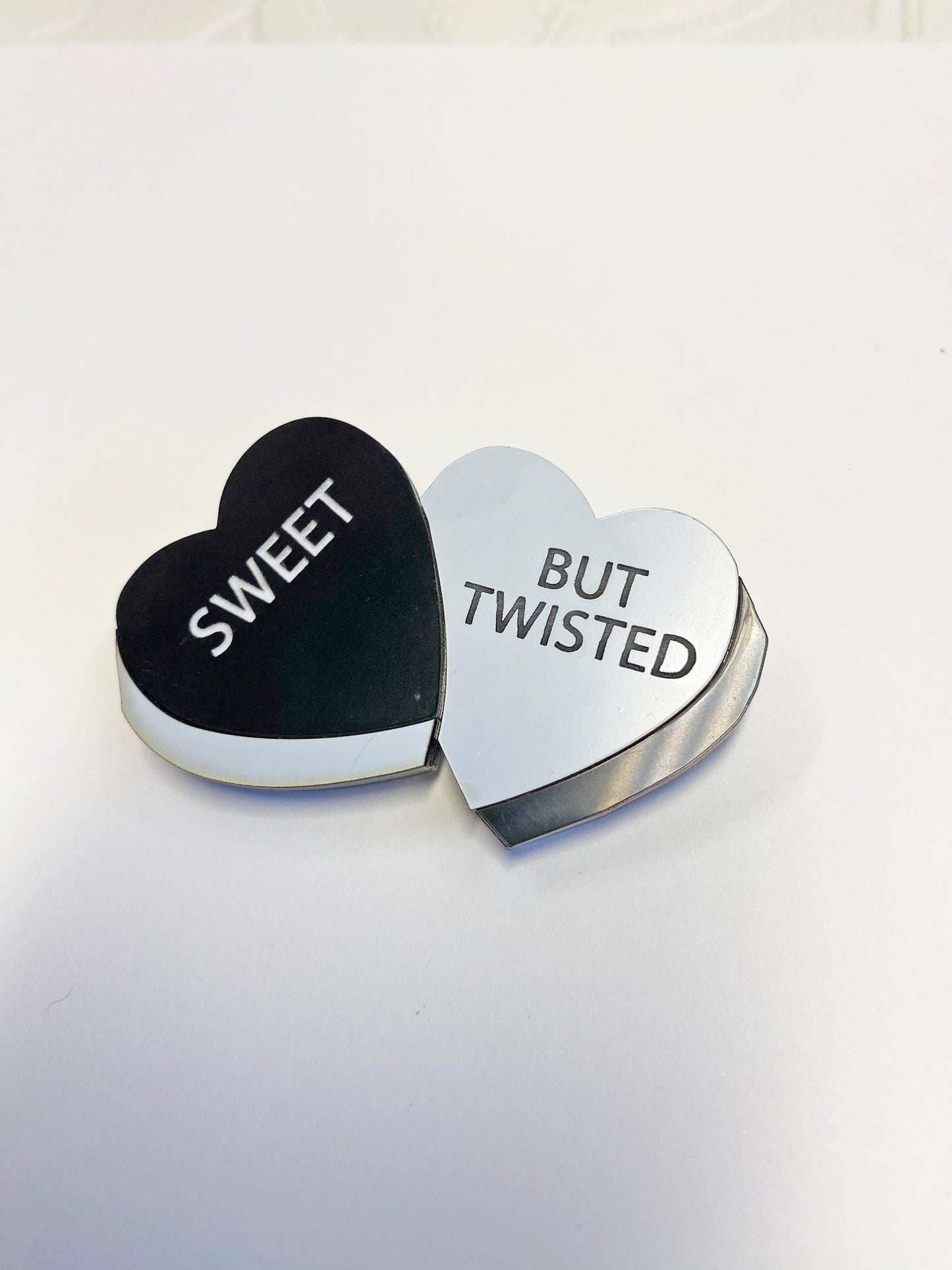 Black & White Heart Brooch, Sweet but Twisted, Layered Acrylic, Fun and Edgy