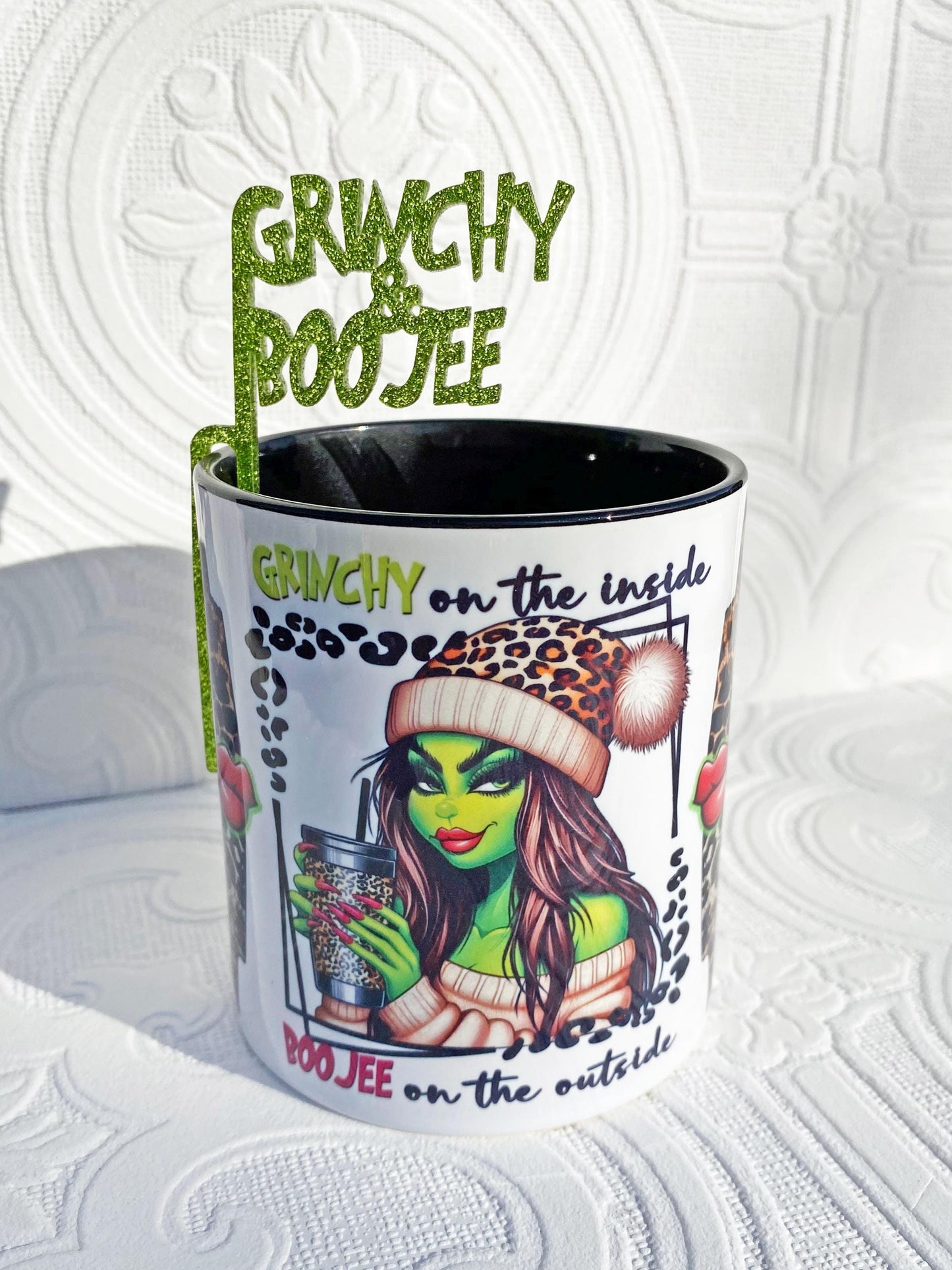Grinch Coffee Mug ~ Grinchy and Boojee ~ Unique Design, Includes Mug Sitter, Gift Idea for Friend