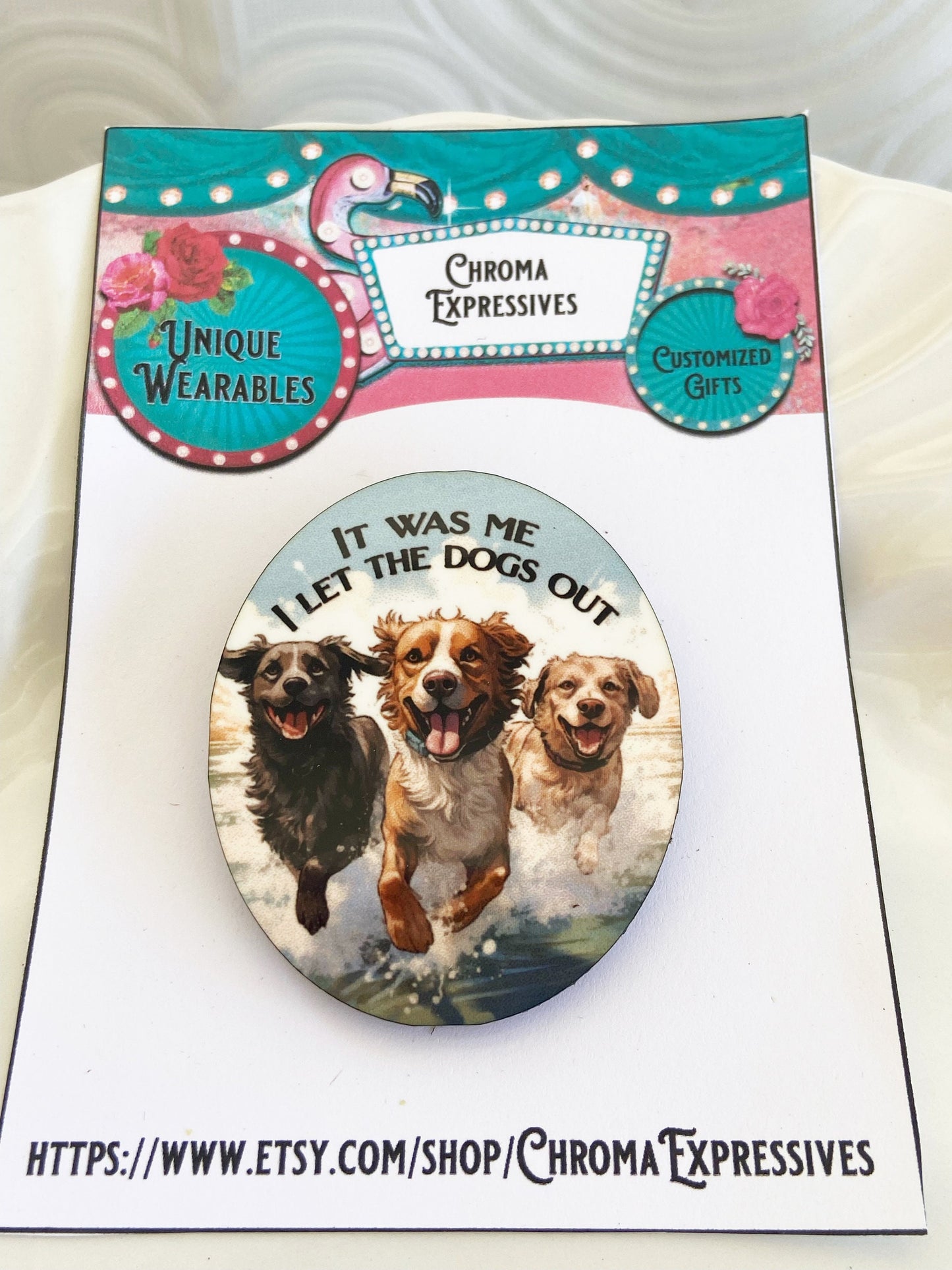 Who let the dogs out brooch, Adorable happy dogs splashing in water. Three dog illustration, laser cut wood, sublimation image