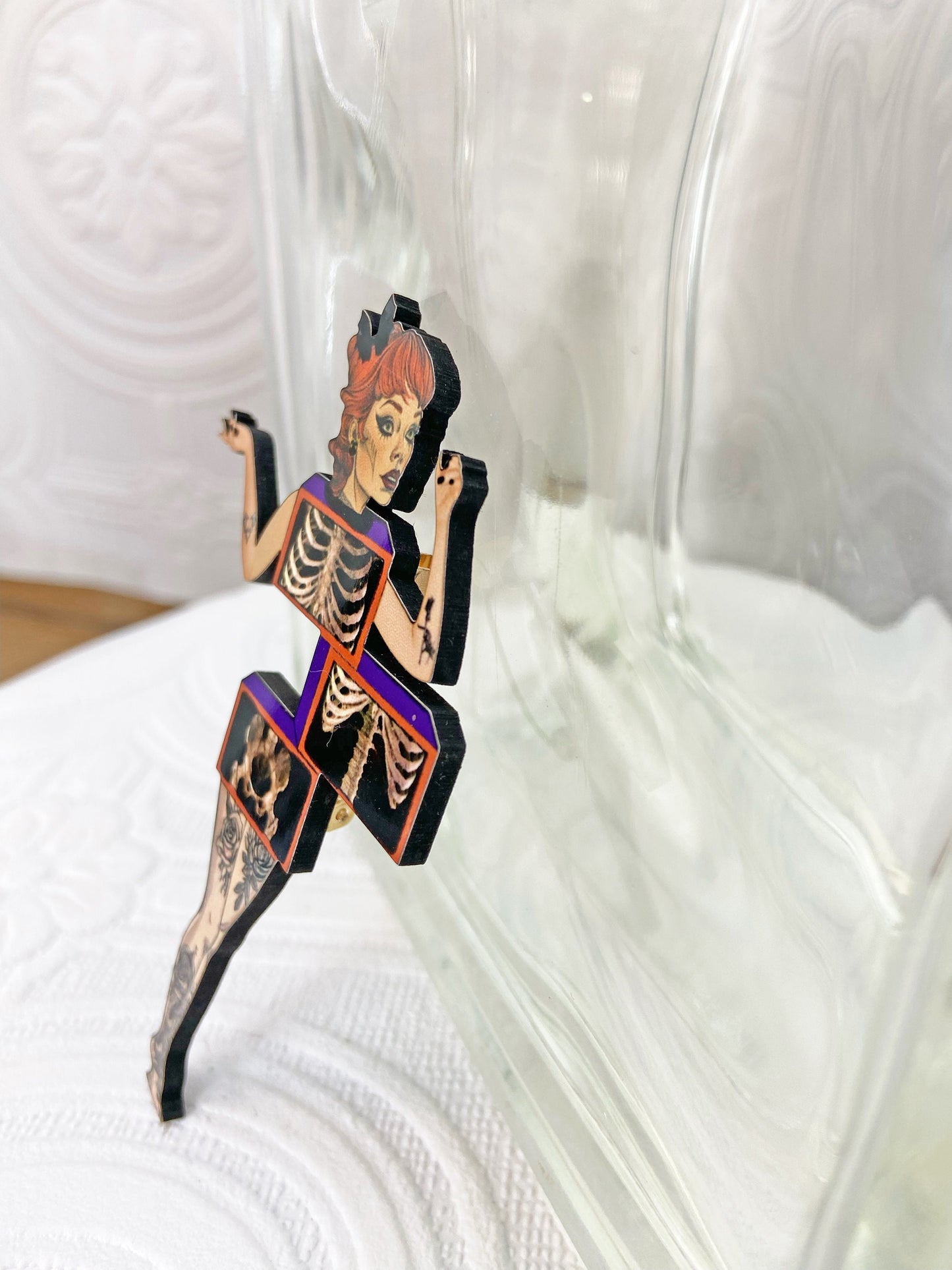 Your choice, Ghoul Brooch of Magic Trick, where you get cut and separated, x-ray Art, Oddity Fun, Spooky Season Jewelry, Laser Cut Wood