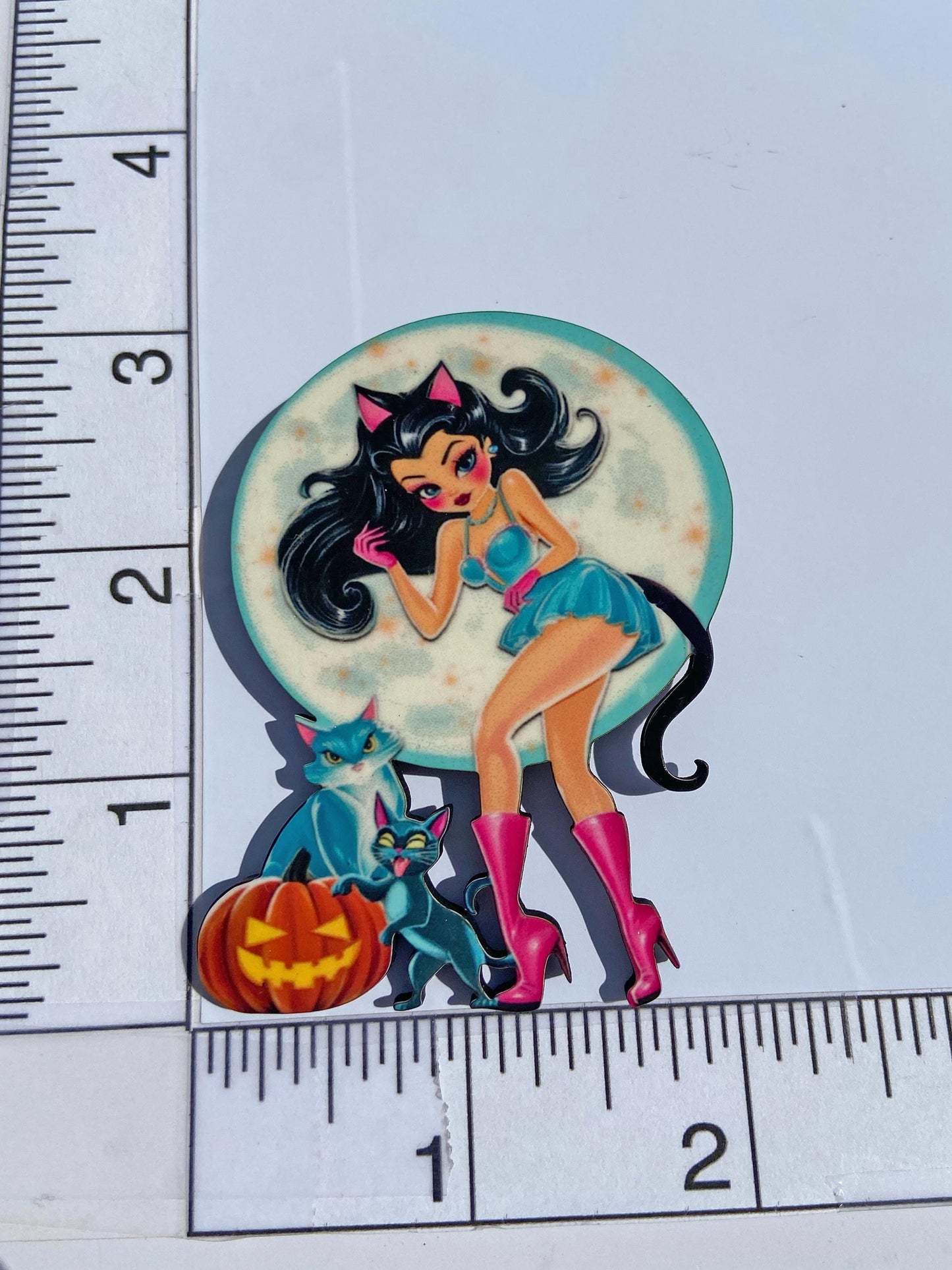 Cat Lady Halloween Brooch / Pin, Illustrated Art, Wearable Art, Spooky Season Jewelry, Cat Lover Gift, Pumpkin and Kittens