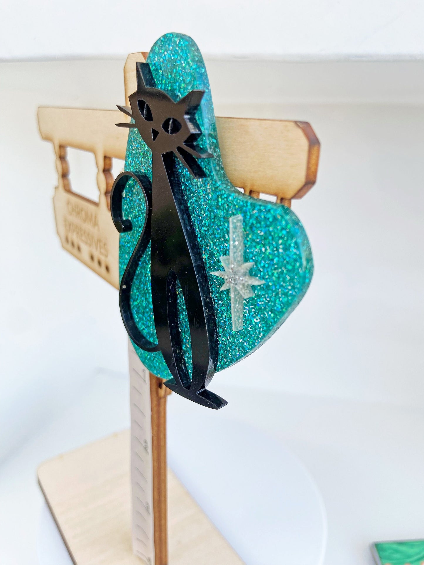 Cool Atomic Cat Brooch or Necklace ~ Teal Glitter Acrylic, Black cat and Silver Glitter Star. ~ Mid Century Modern Wearable Art.