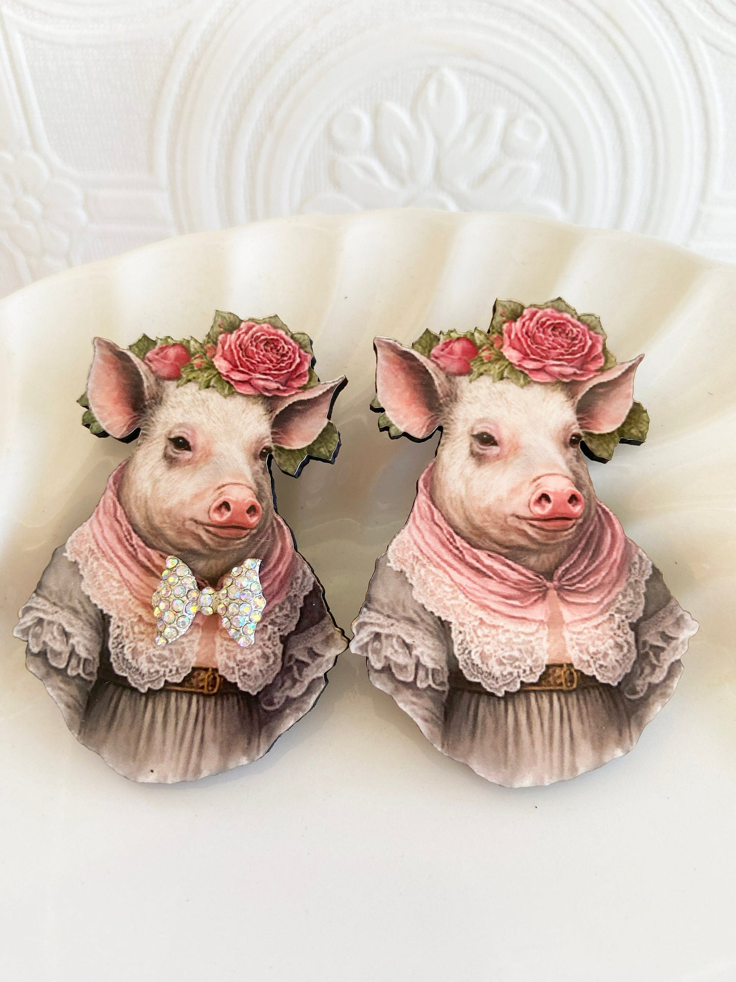 Handcrafted Brooch / Pin, Your Choice of Sweet Pig With or Without Rhinestone Bow, Illustration Jewelry, Laser Cut Wood, Sublimated Image