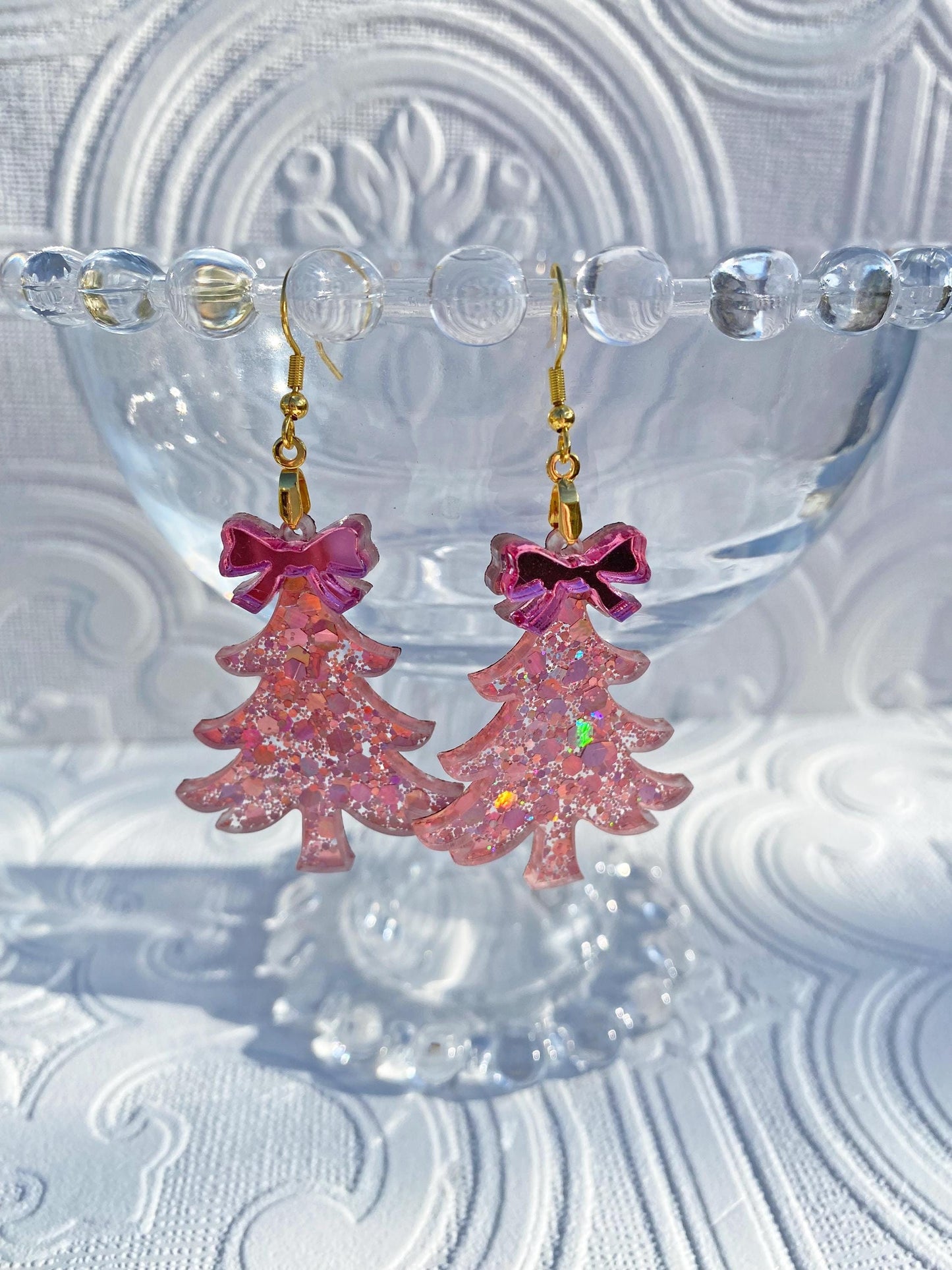 Pink Christmas Tree Glitter Earrings ~ Super Glitzy Handcrafted Tree Earrings with Silver Bows, Ear Wire or Clip-on Available.