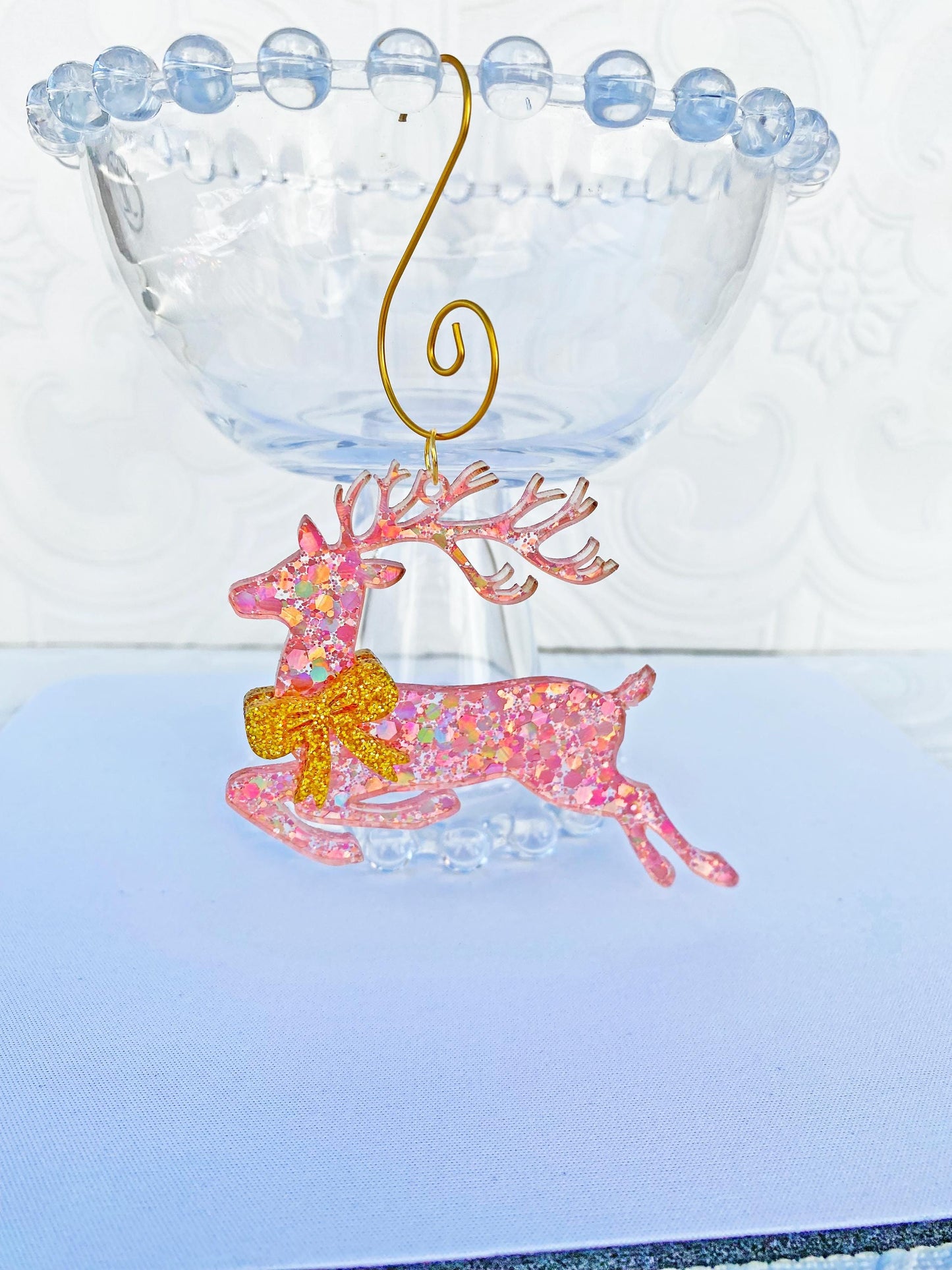 Beautiful Pink Reindeer Tree Ornaments (3) ~ Delux Glitter Acrylic, Very Sparkly, Bow's on Both Sides