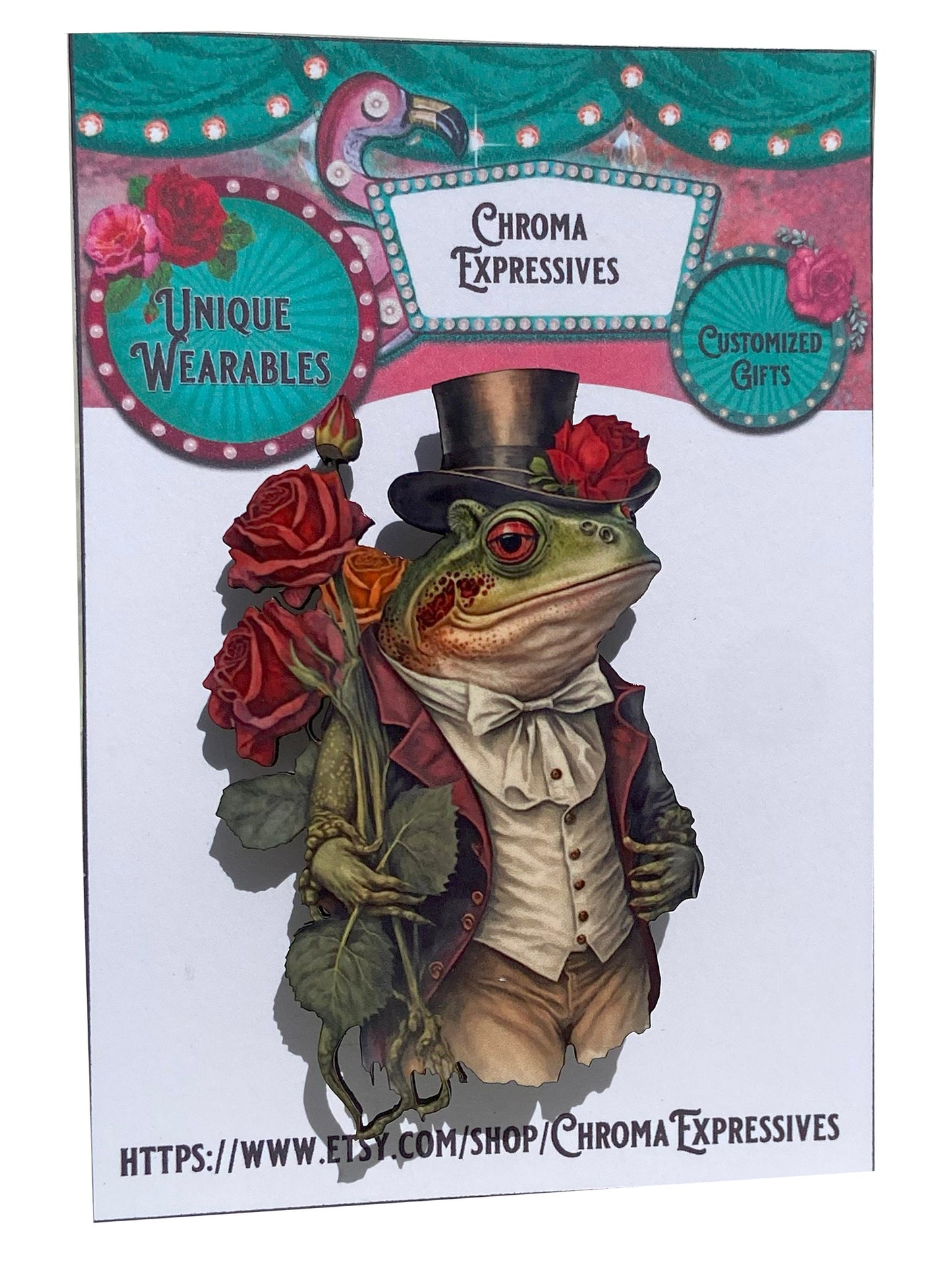 Dashing Mr. Frog Handcrafted Wearable Art / Brooch / Pin ~ Illustration Jewelry ~ Superior Process ~ Fun & Whimsical ~ Wood Sublimation