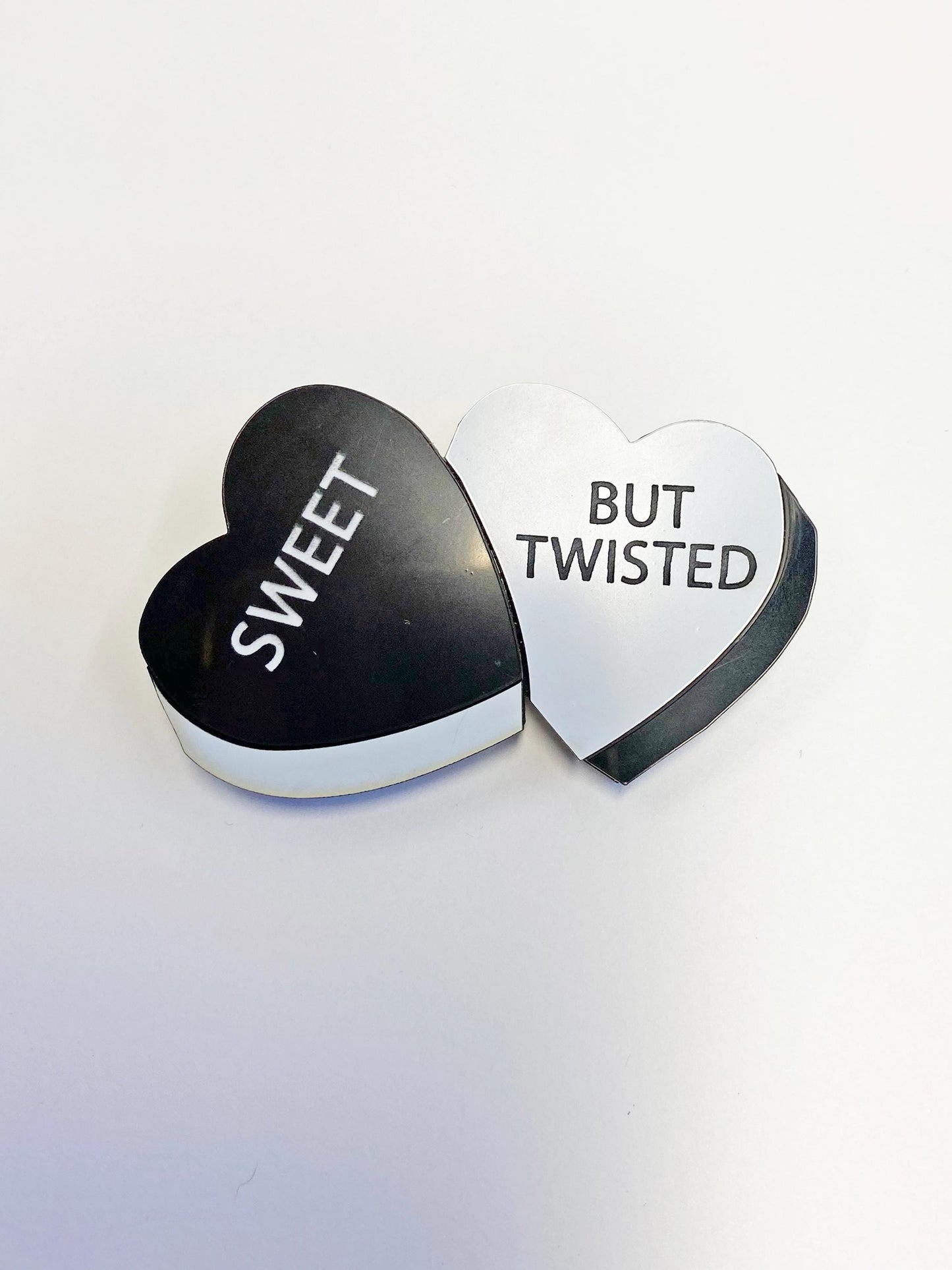 Black & White Heart Brooch, Sweet but Twisted, Layered Acrylic, Fun and Edgy