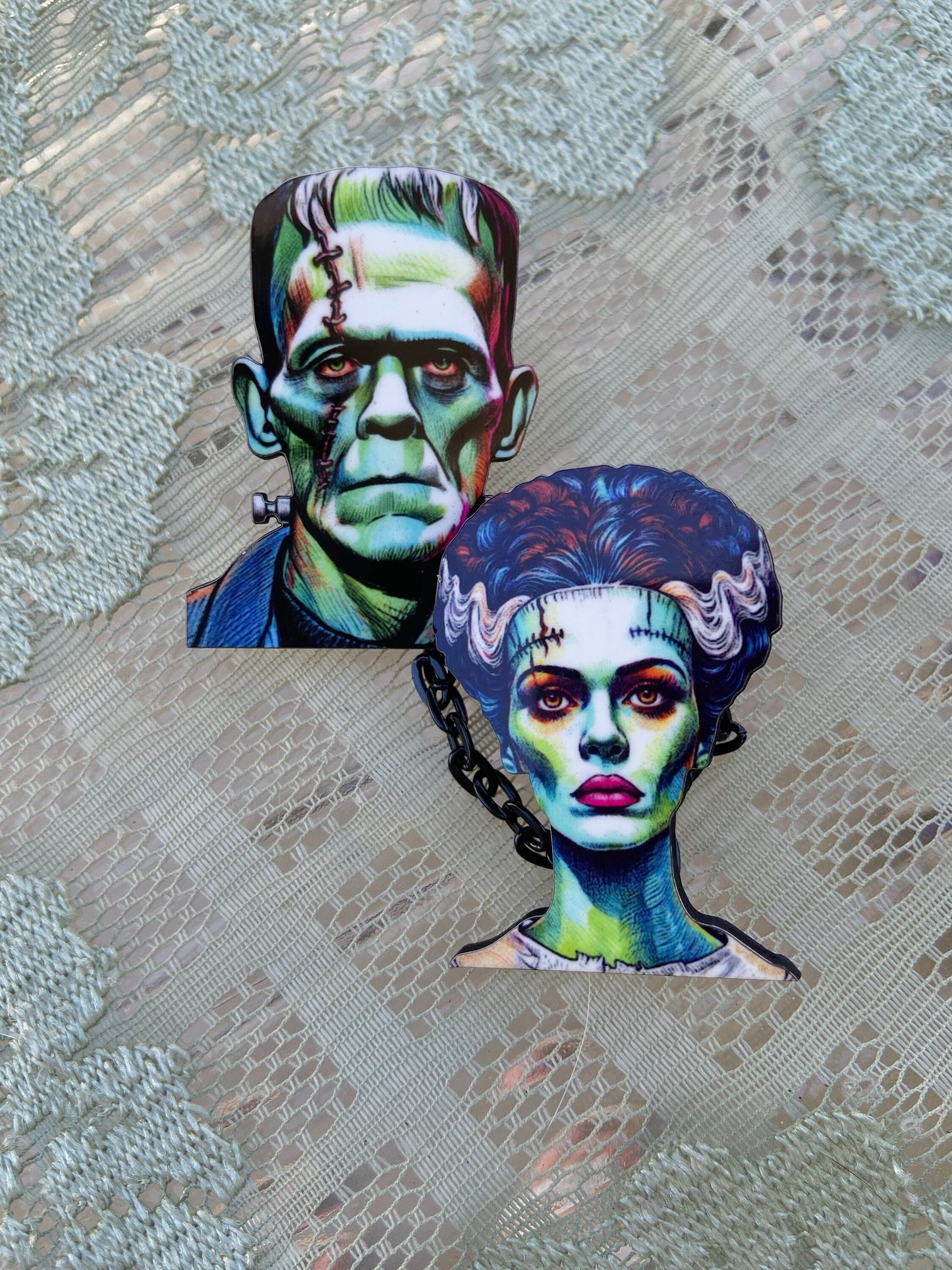 Frankenstein & His Bride Collar / Sweater Clips or Earrings ~ Spooky Wearable Art ~ Laser Cut Wood, Sublimated Illustration