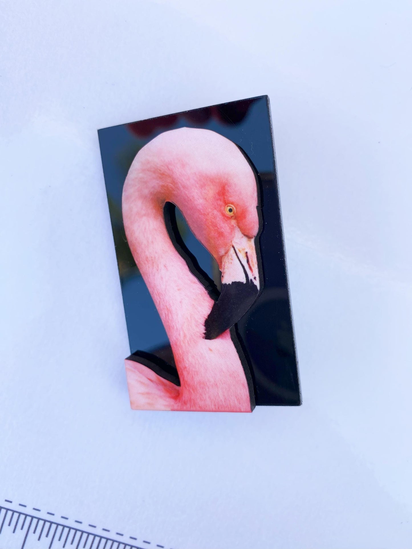 Tropical Flamingo Brooch - Laser Cut Wood & Acrylic with Sublimated Image for Durability, Art Deco Style