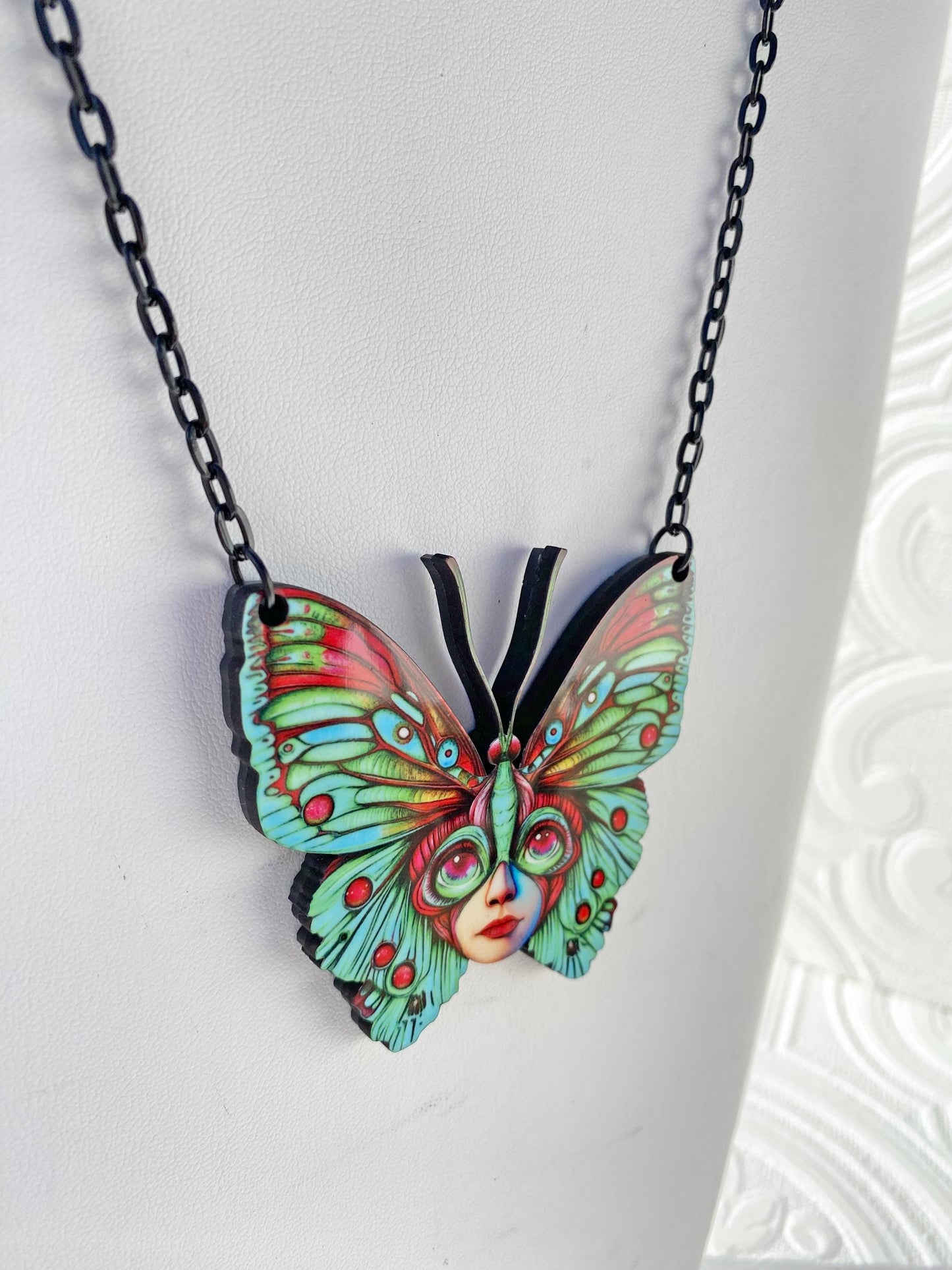 Butterfly Necklace, Oddity Design, Beautiful and Strange ~ Laser Cut Wood and Acrylic, Sublimated Image