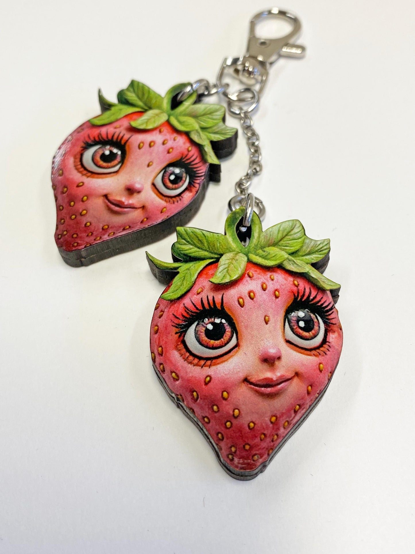 Whimsical Strawberry Faces Keychain or Purse / Backpack FOB ~ Double Strawberries with Images on all Sides / Unique to our Shop!
