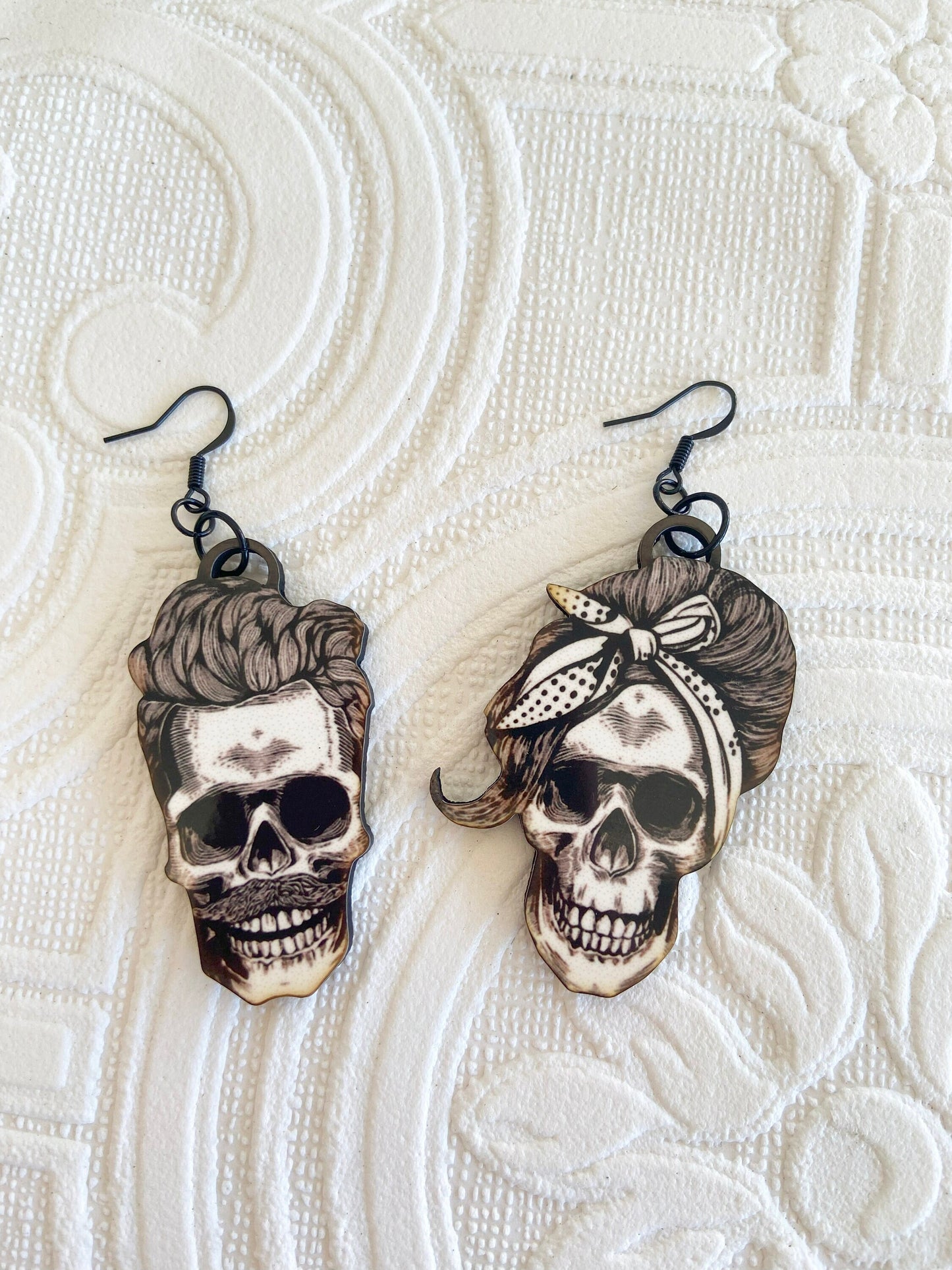 Cool Skeleton Face Couple Earrings ~ Handcrafted ~ Laser Cut Wood & Sublimated Illustration ~ Oddity, Whimsical, Spooky and Fun