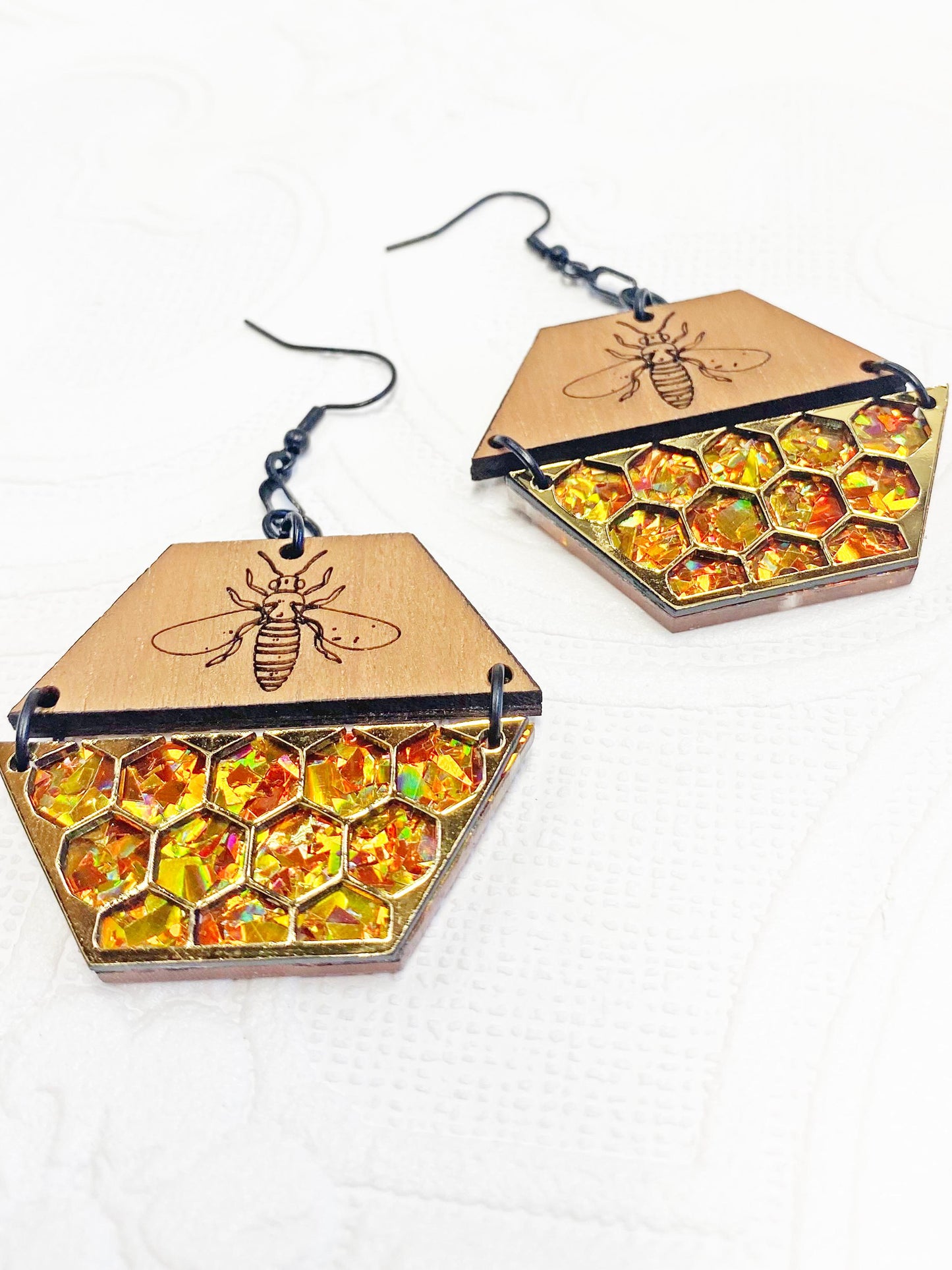 Bee and Honey Handcrafted Earrings, Clip-On or Pierced, Nature Inspired, Honeybee Love, Garden Lover Gift, Laser Cut Wood and Acrylic