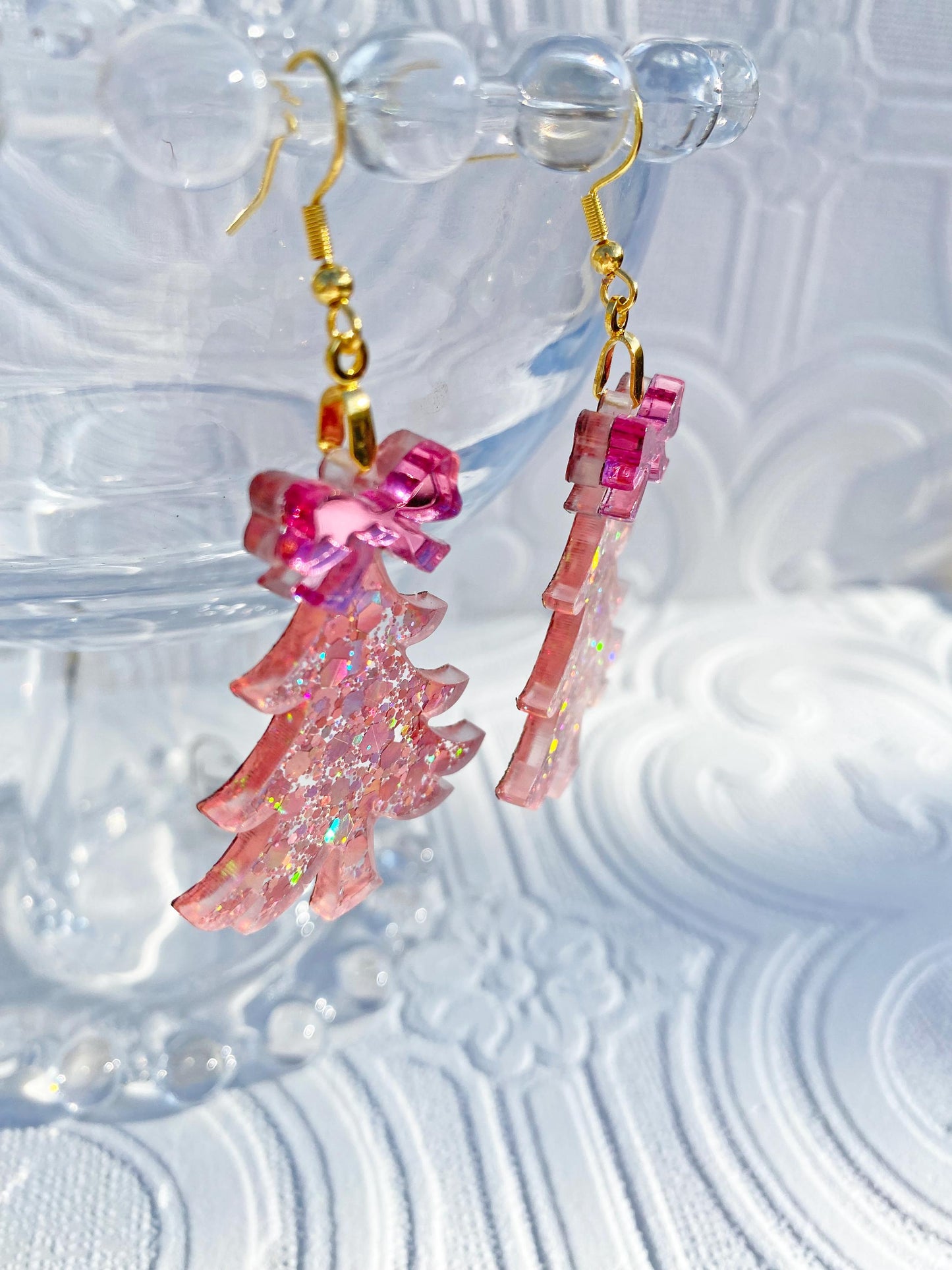 Pink Christmas Tree Glitter Earrings ~ Super Glitzy Handcrafted Tree Earrings with Silver Bows, Ear Wire or Clip-on Available.