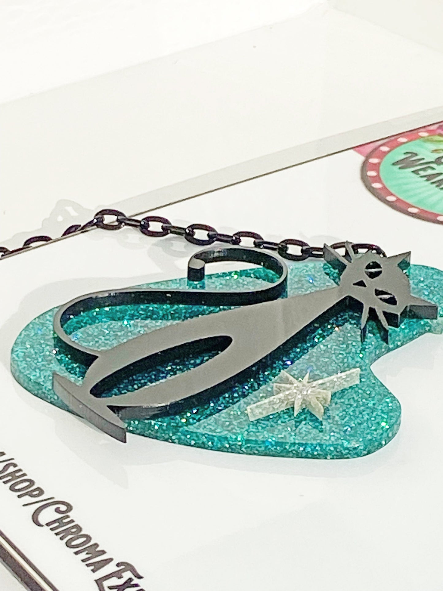 Cool Atomic Cat Brooch or Necklace ~ Teal Glitter Acrylic, Black cat and Silver Glitter Star. ~ Mid Century Modern Wearable Art.