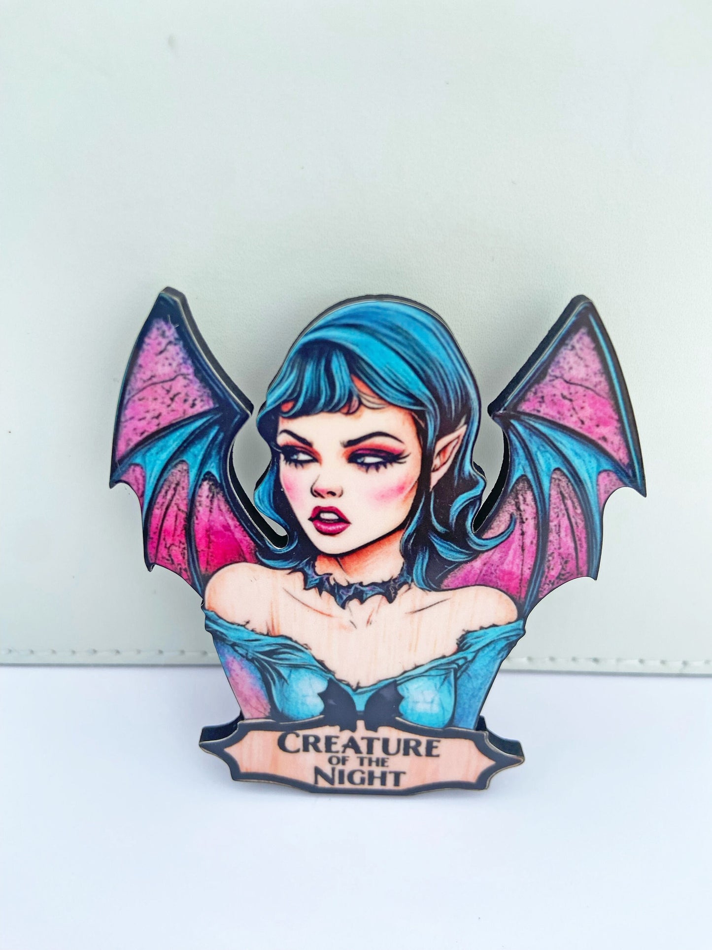 Illustration Art Bat Necklace, Earrings or Brooch ~ Bat Woman / Girl, Creature of the Night ~ Blue and Pinks, Great Gift Idea
