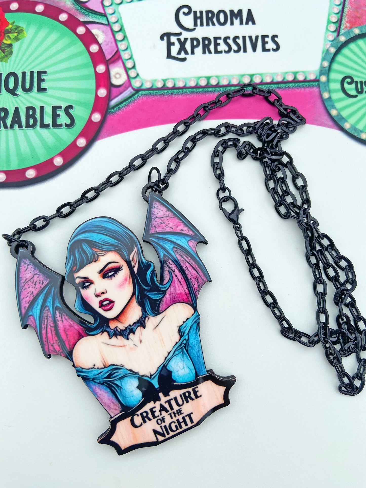 Illustration Art Bat Necklace, Earrings or Brooch ~ Bat Woman / Girl, Creature of the Night ~ Blue and Pinks, Great Gift Idea