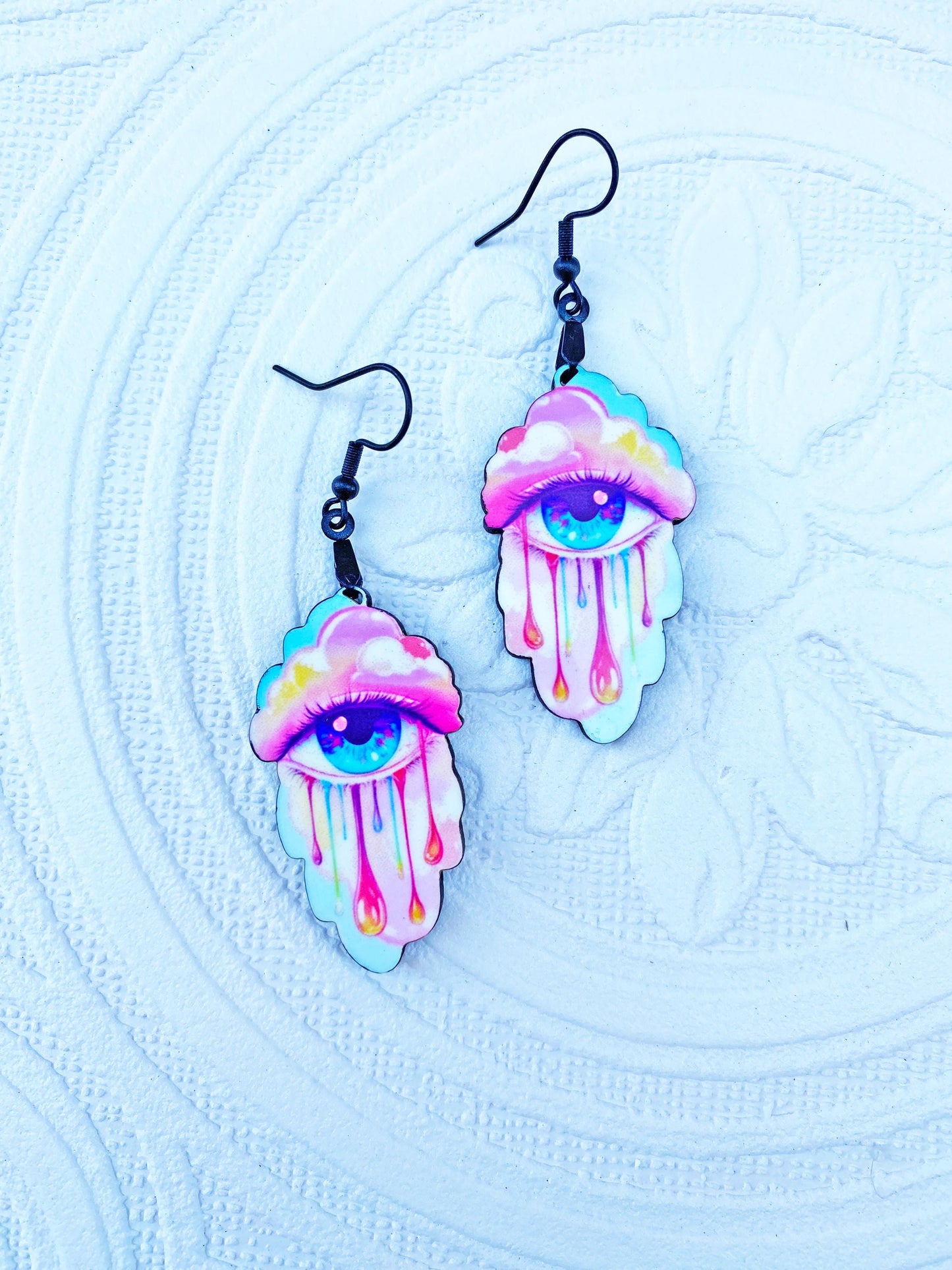 Eye Candy Earrings ~ 3rd Eye, Happy Tears, Pastel Oddity Earrings ~ Handcrafted, Laser Cut, Sublimated for Durability. Pierced or Clip On