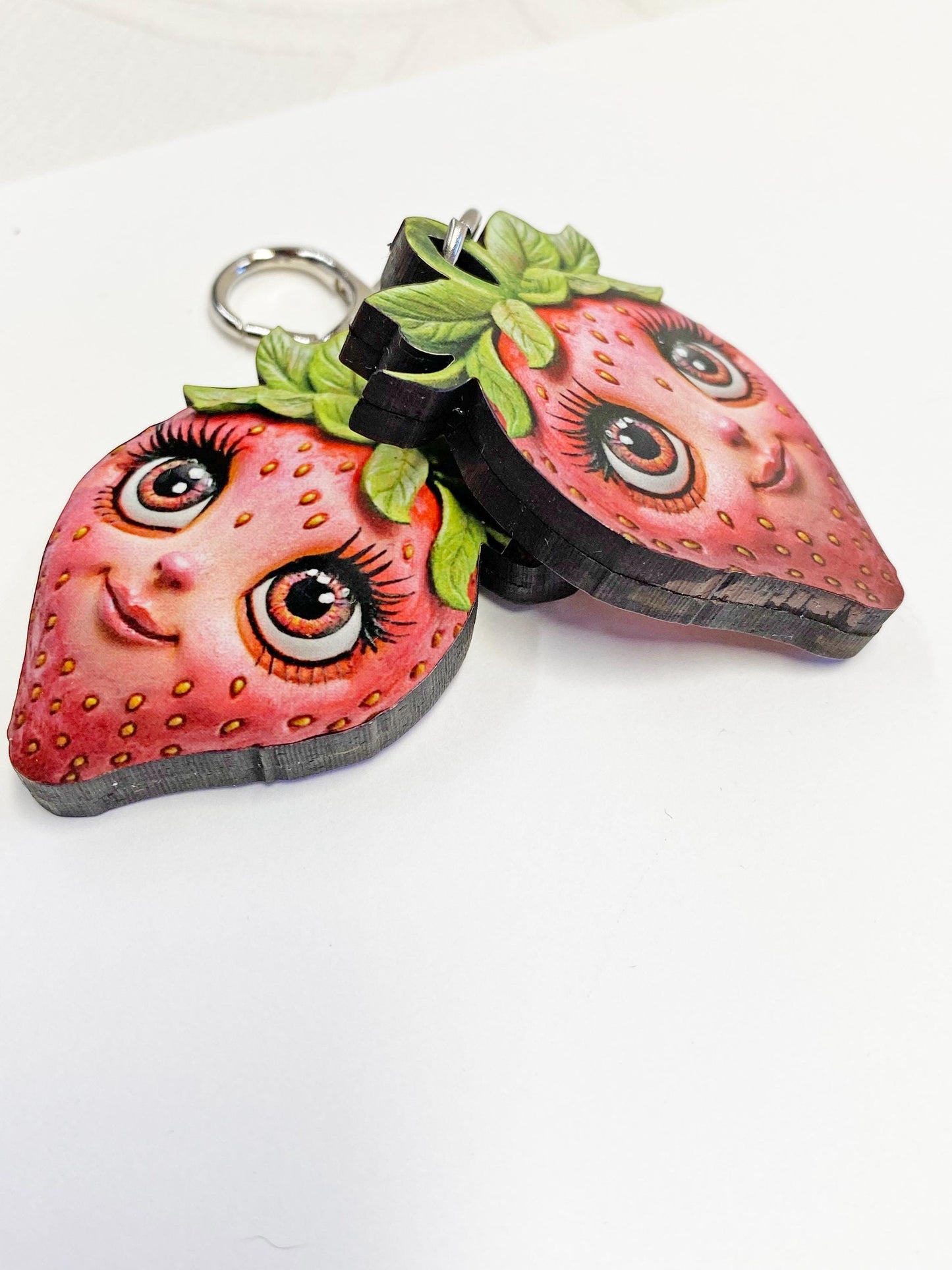 Whimsical Strawberry Faces Keychain or Purse / Backpack FOB ~ Double Strawberries with Images on all Sides / Unique to our Shop!