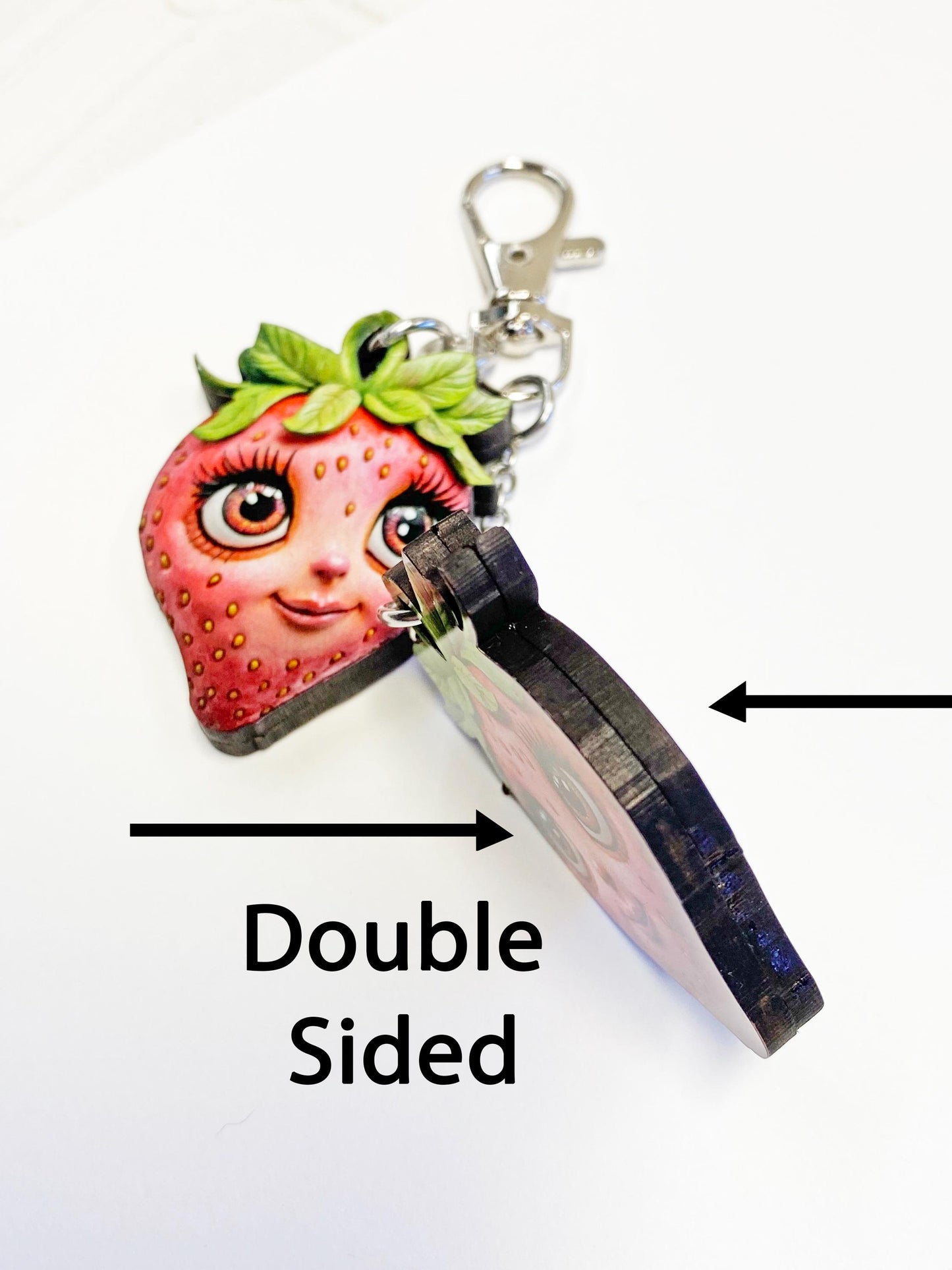 Whimsical Strawberry Faces Keychain or Purse / Backpack FOB ~ Double Strawberries with Images on all Sides / Unique to our Shop!