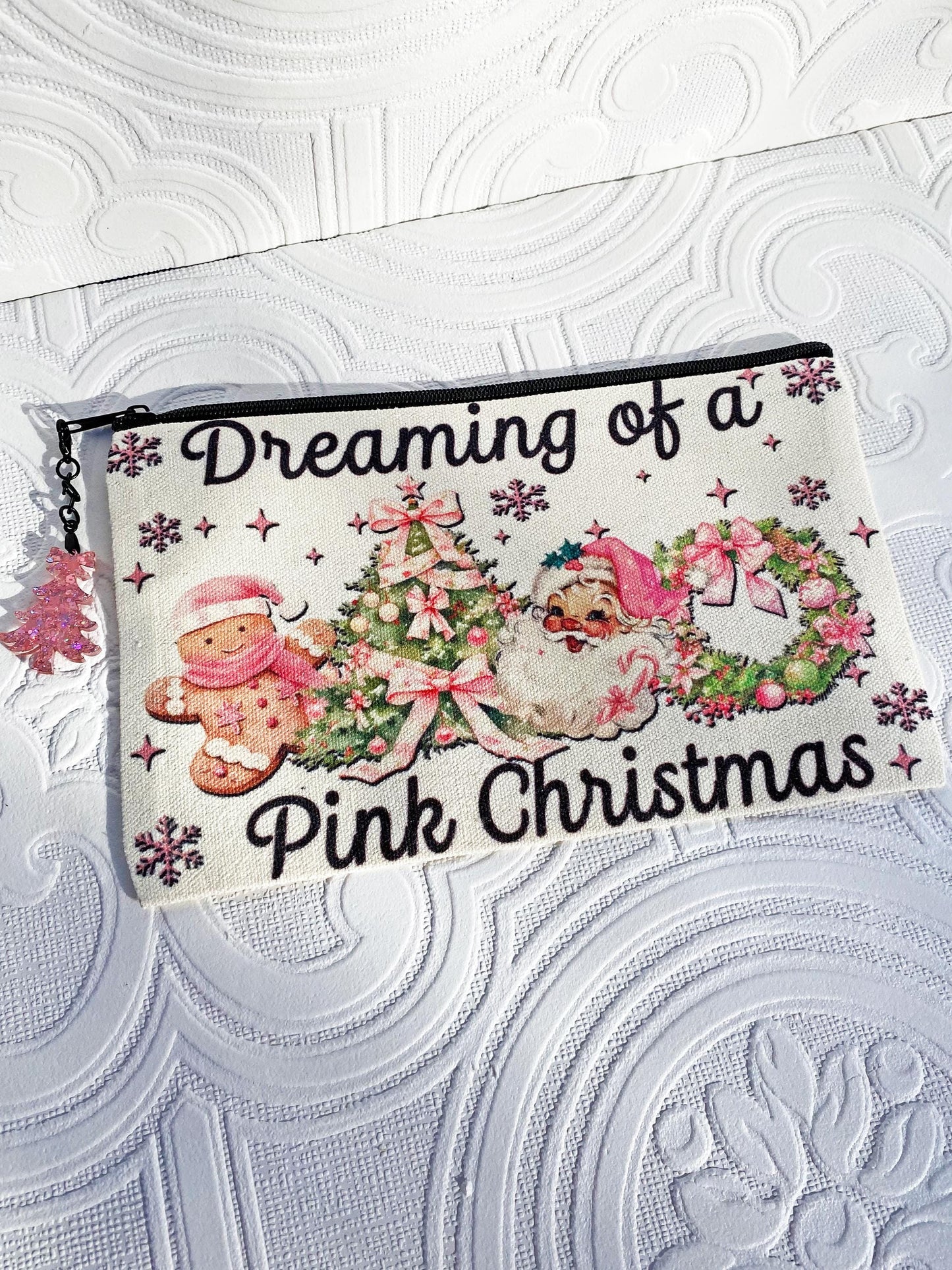 Dreaming of a Pink Christmas Makeup / Cosmetic Bag ~ Great Gift Idea, Quality Product, Image on BOTH sides, Laser Cut Pink Acrylic Tree Pull