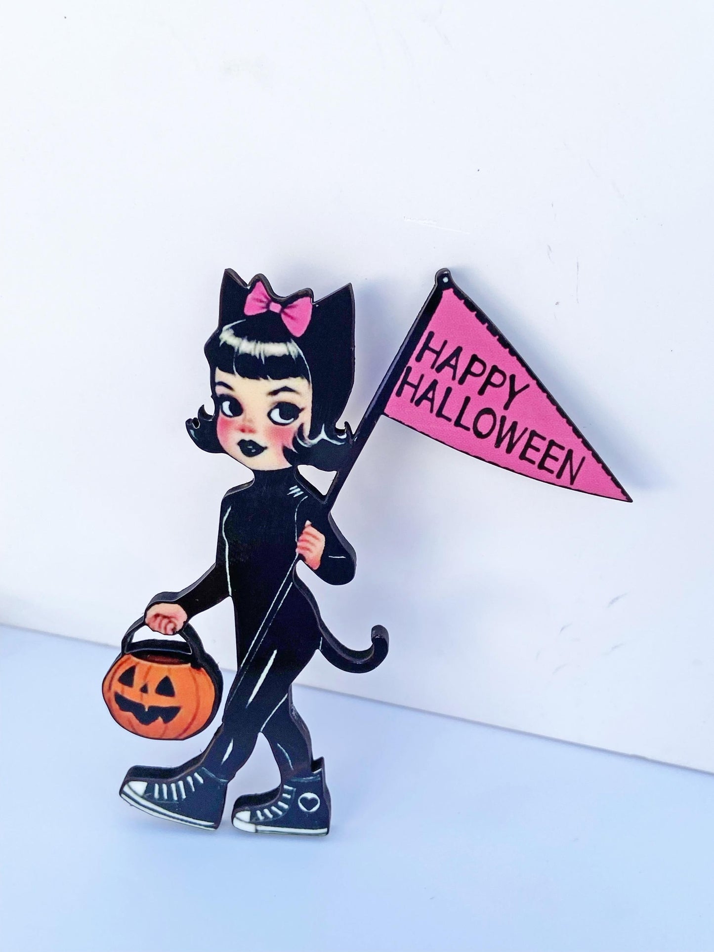 Brooch, Adorable Vintage Halloween Girl Trick or Treating in Cat Outfit ~ Spooky Season Pin ~ Nostalgic Pumpkin Treat Bag ~ Laser Cut Wood