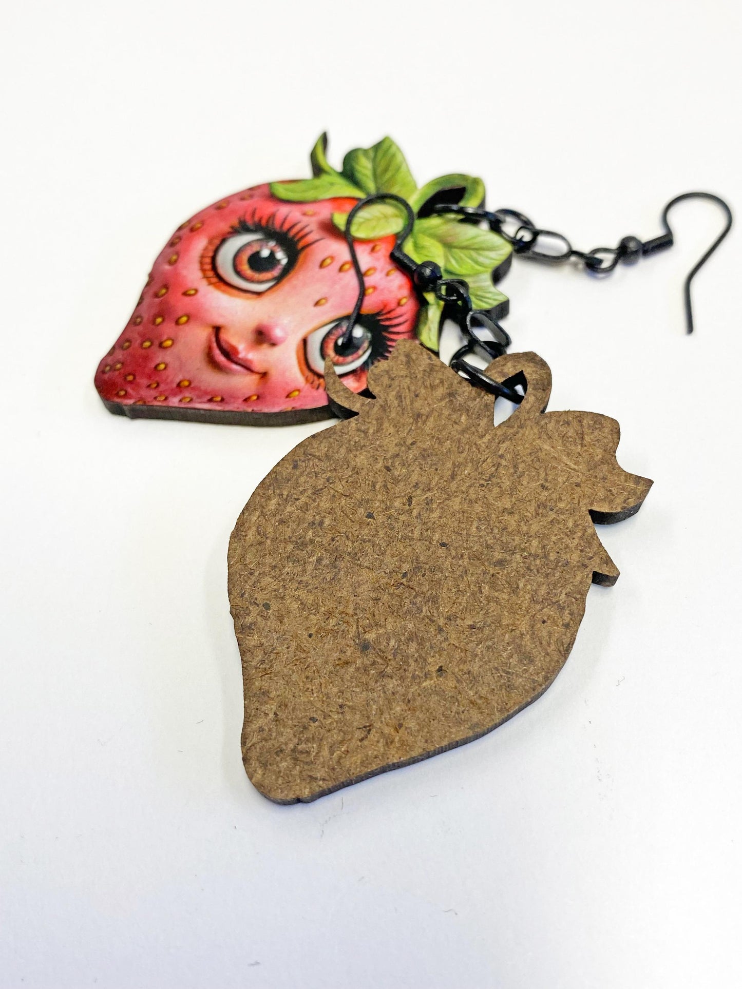 Strawberry Earrings, Whimsical, Weird and Wonderful! Laser Cut Wood, Sublimated Image. Pierced or Clip-on