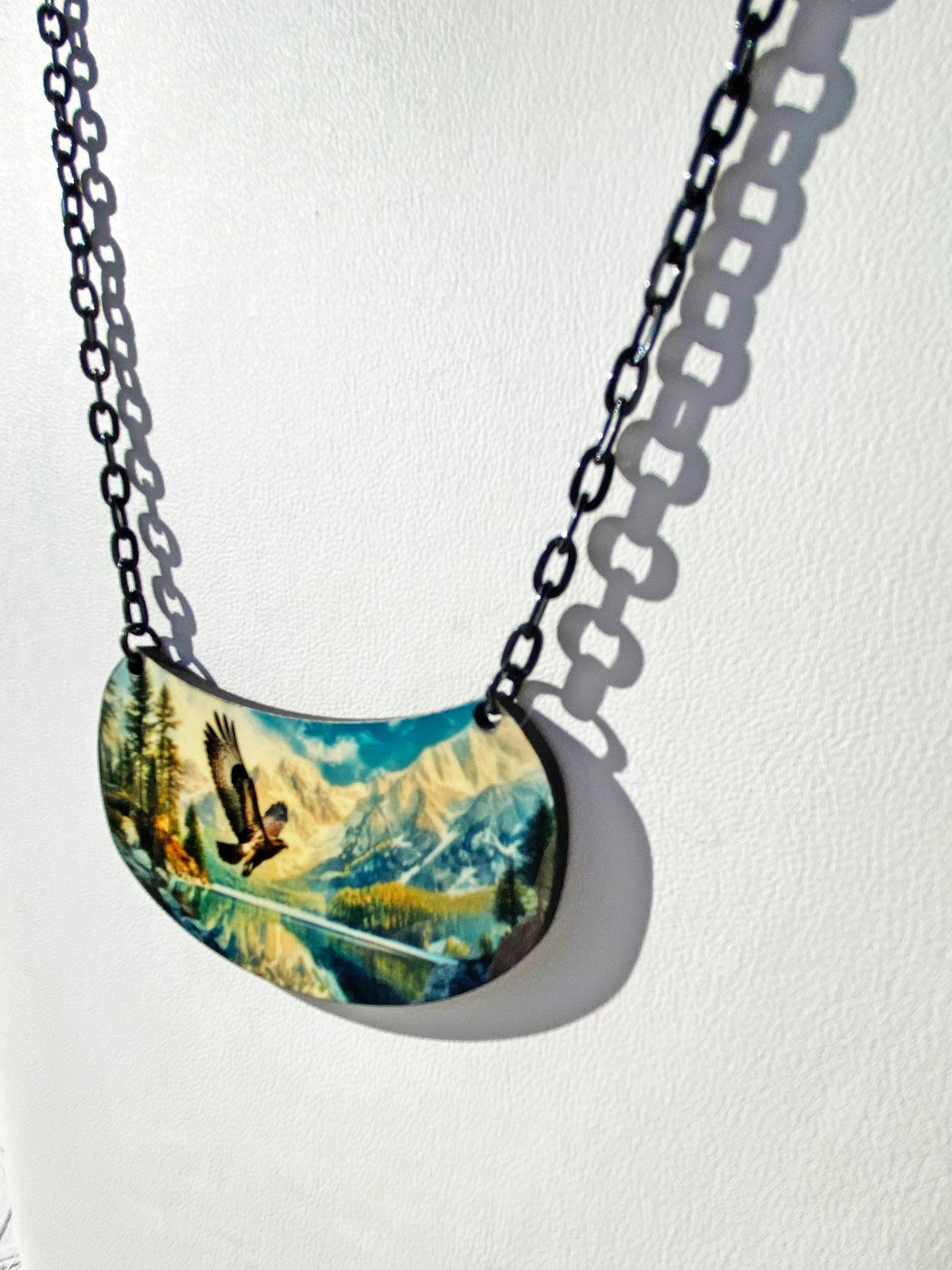 Beautiful Nature Scene Necklace, Hawk, Lake Mountains, Handcrafted ~ Gift for Nature Lover, Laser cut Wood, Sublimated Illustration