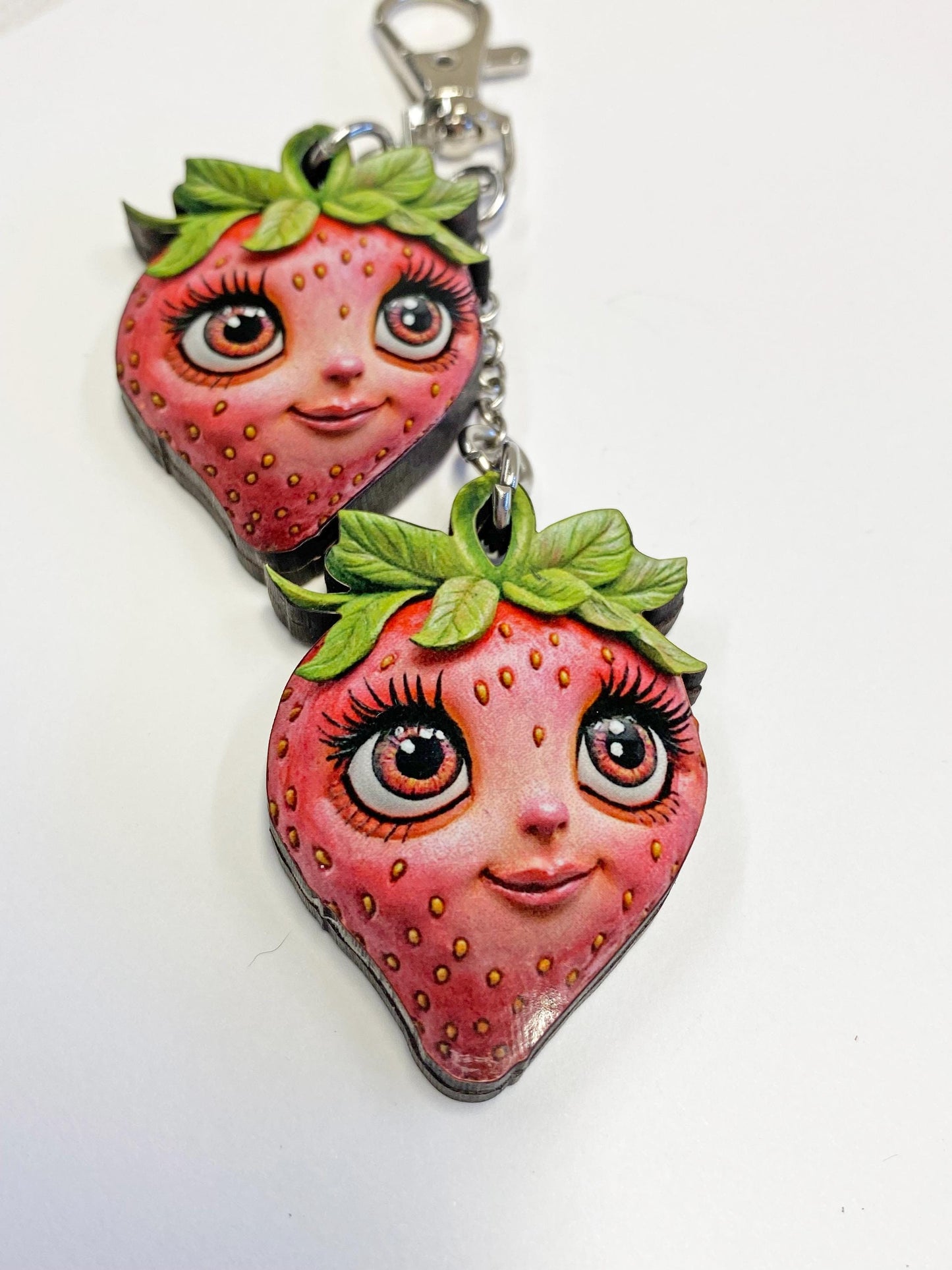 Whimsical Strawberry Faces Keychain or Purse / Backpack FOB ~ Double Strawberries with Images on all Sides / Unique to our Shop!